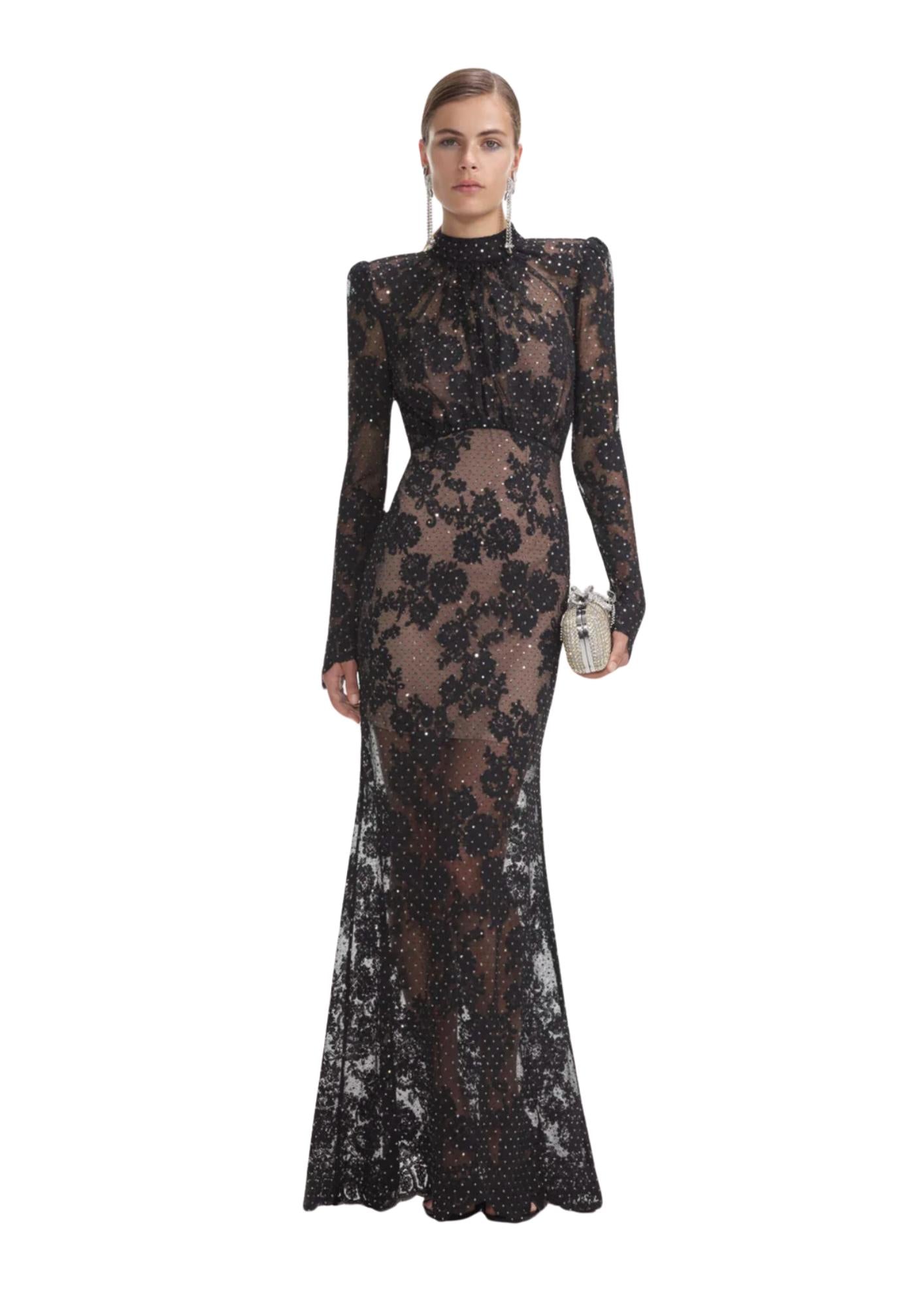 SELF-PORTRAIT - Black Rhinestone Lace Maxi Dress