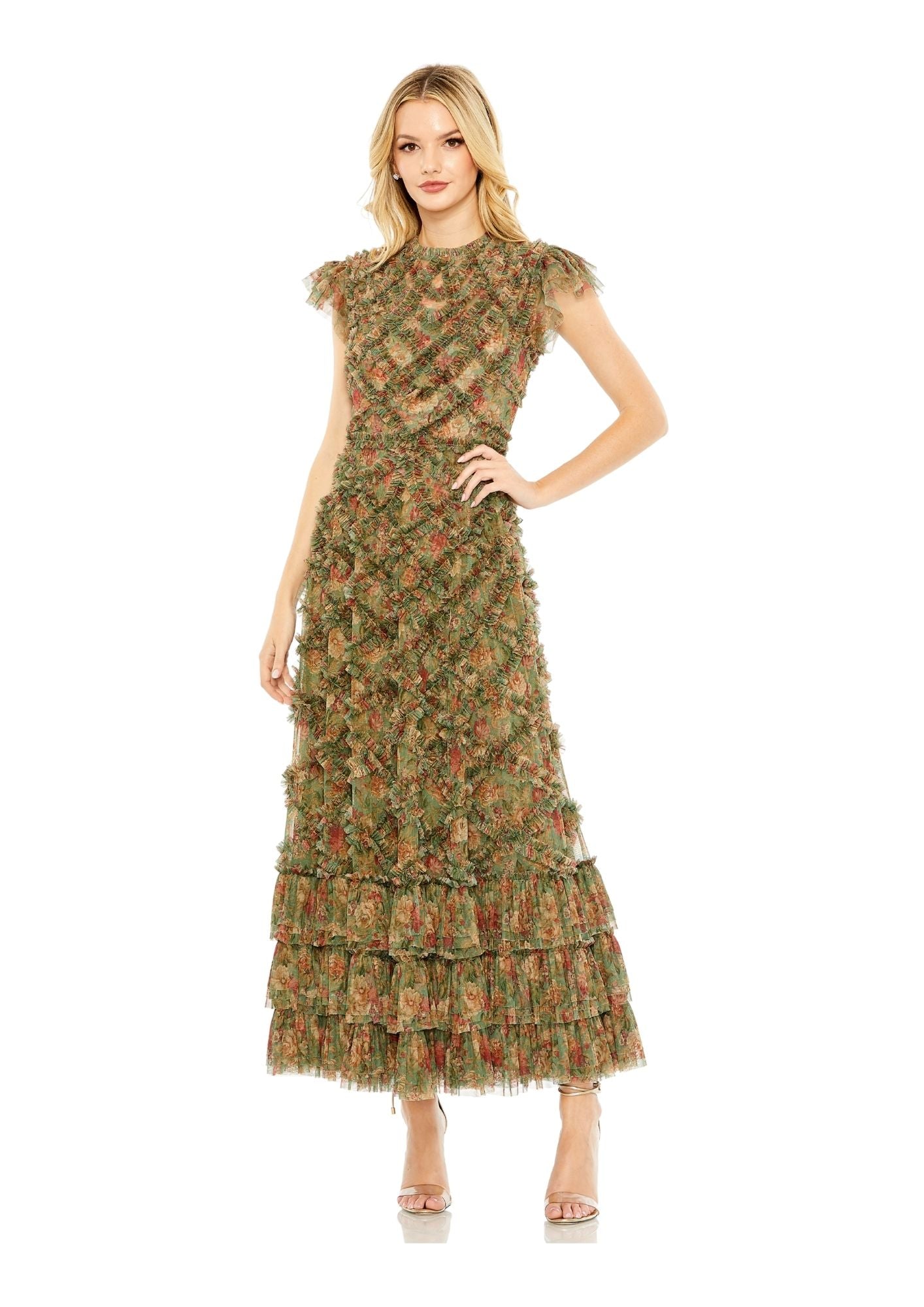 MAC DUGGAL - Green High Neck Ruffle Floral Dress