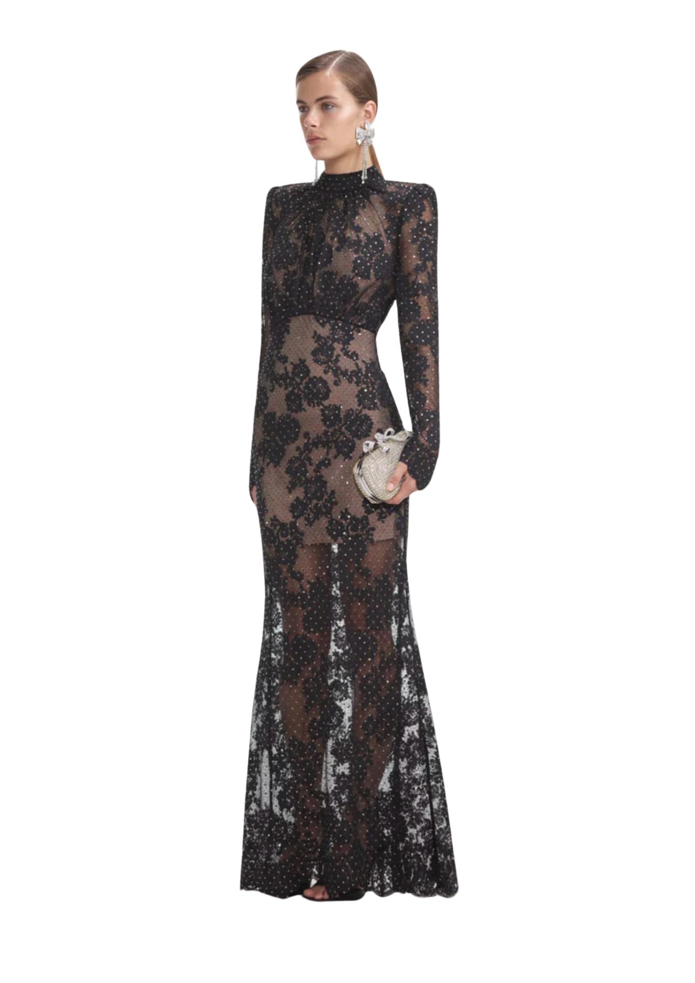 SELF-PORTRAIT - Black Rhinestone Lace Maxi Dress