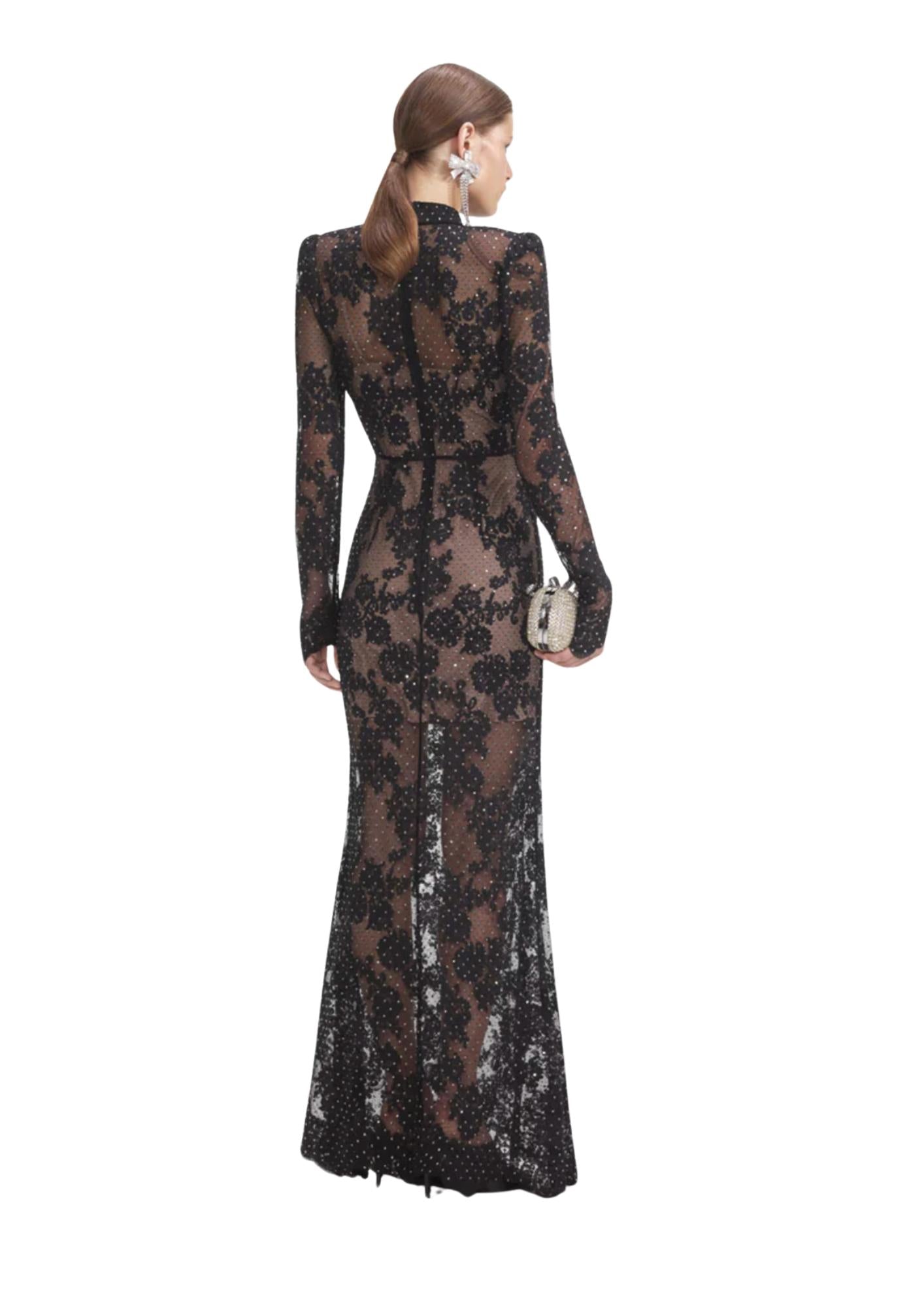 SELF-PORTRAIT - Black Rhinestone Lace Maxi Dress