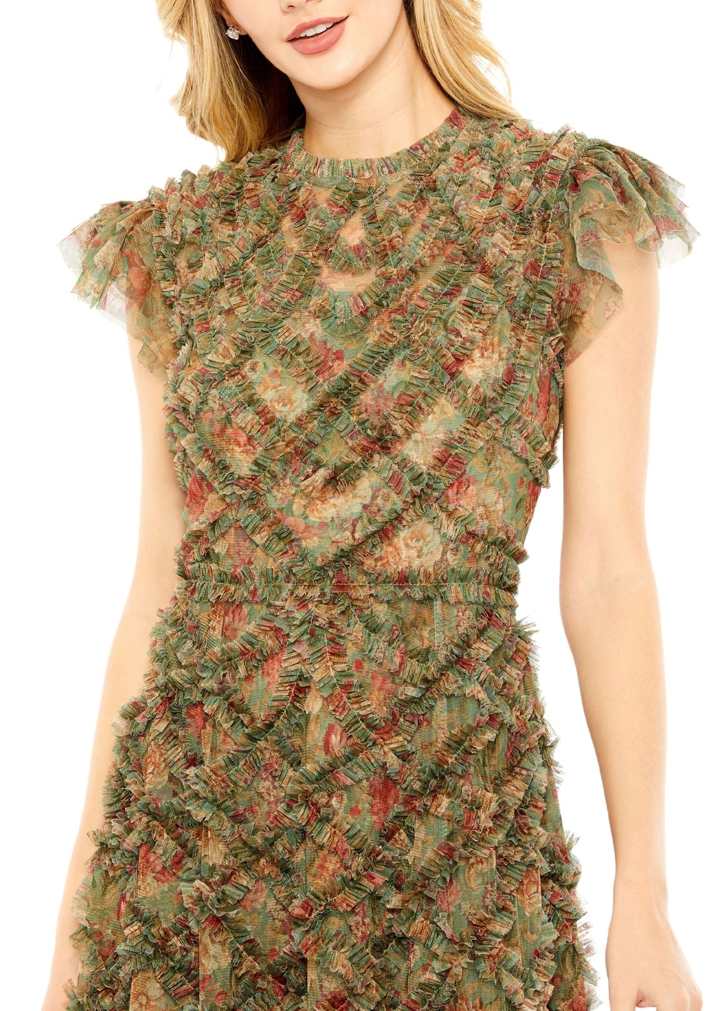 MAC DUGGAL - Green High Neck Ruffle Floral Dress