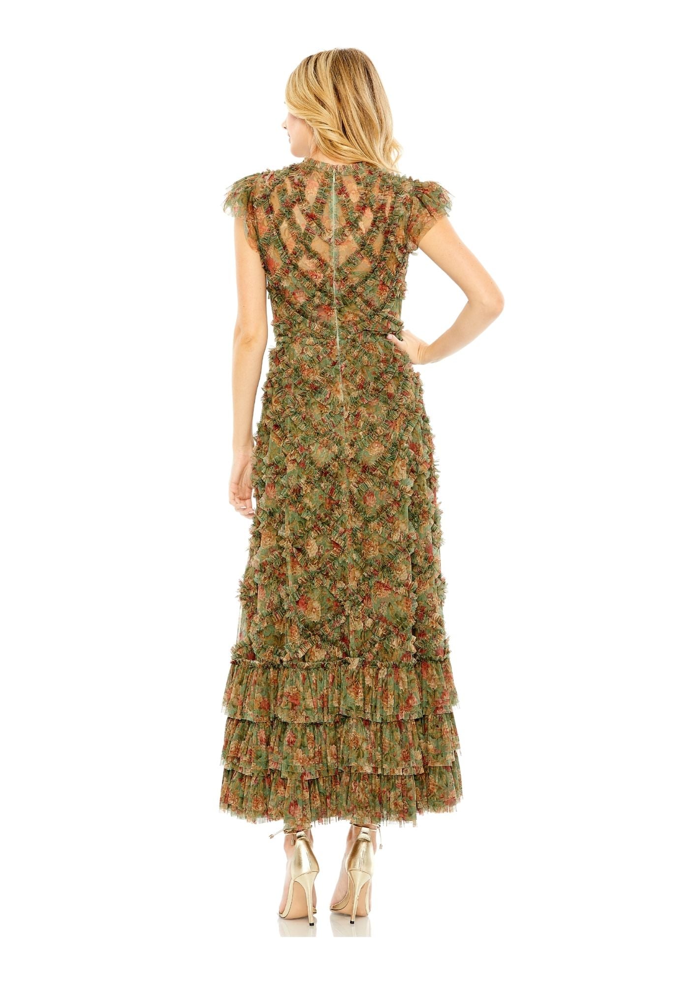 MAC DUGGAL - Green High Neck Ruffle Floral Dress