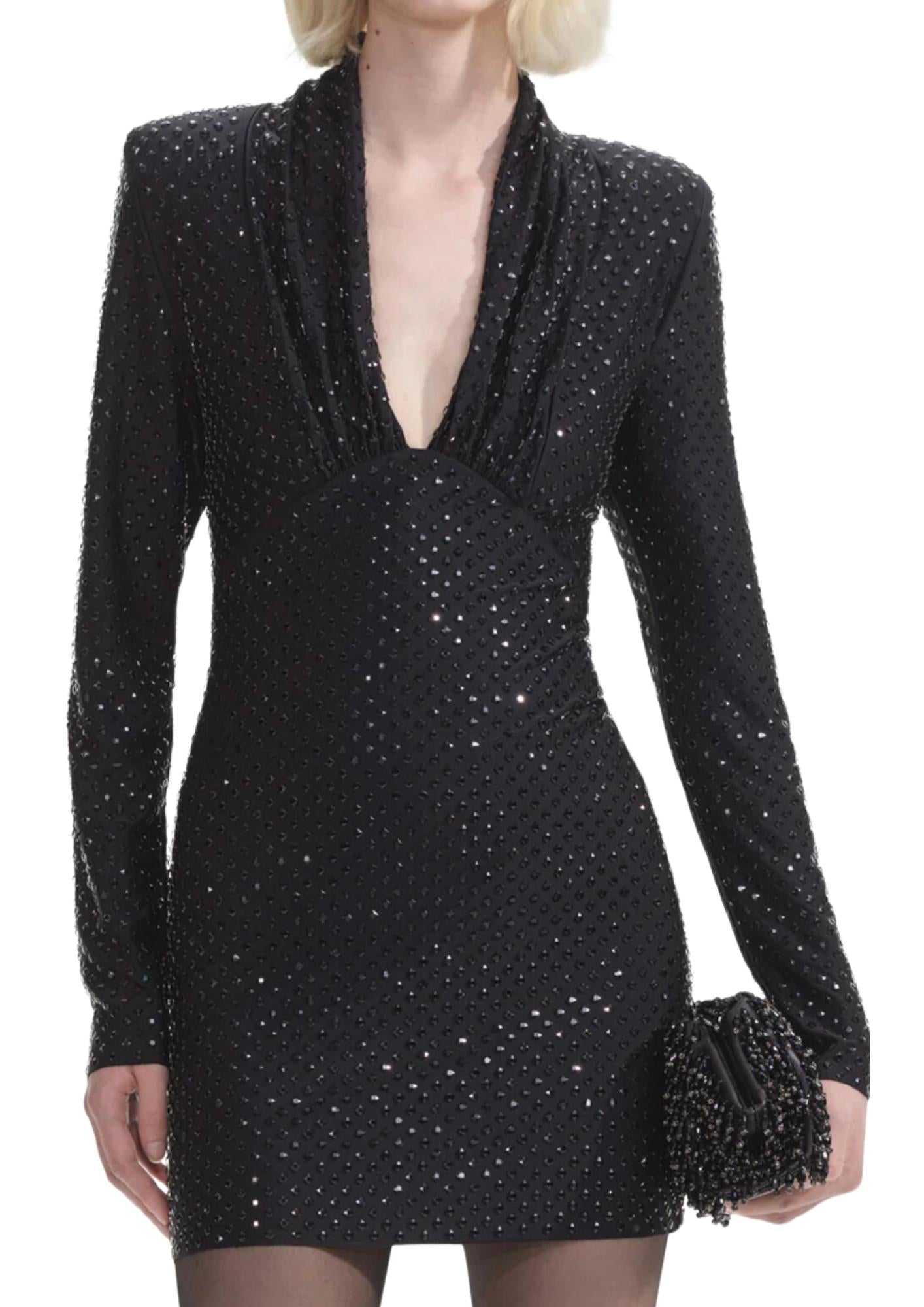 SELF-PORTRAIT - Black Jersey Rhinestone Mini Dress