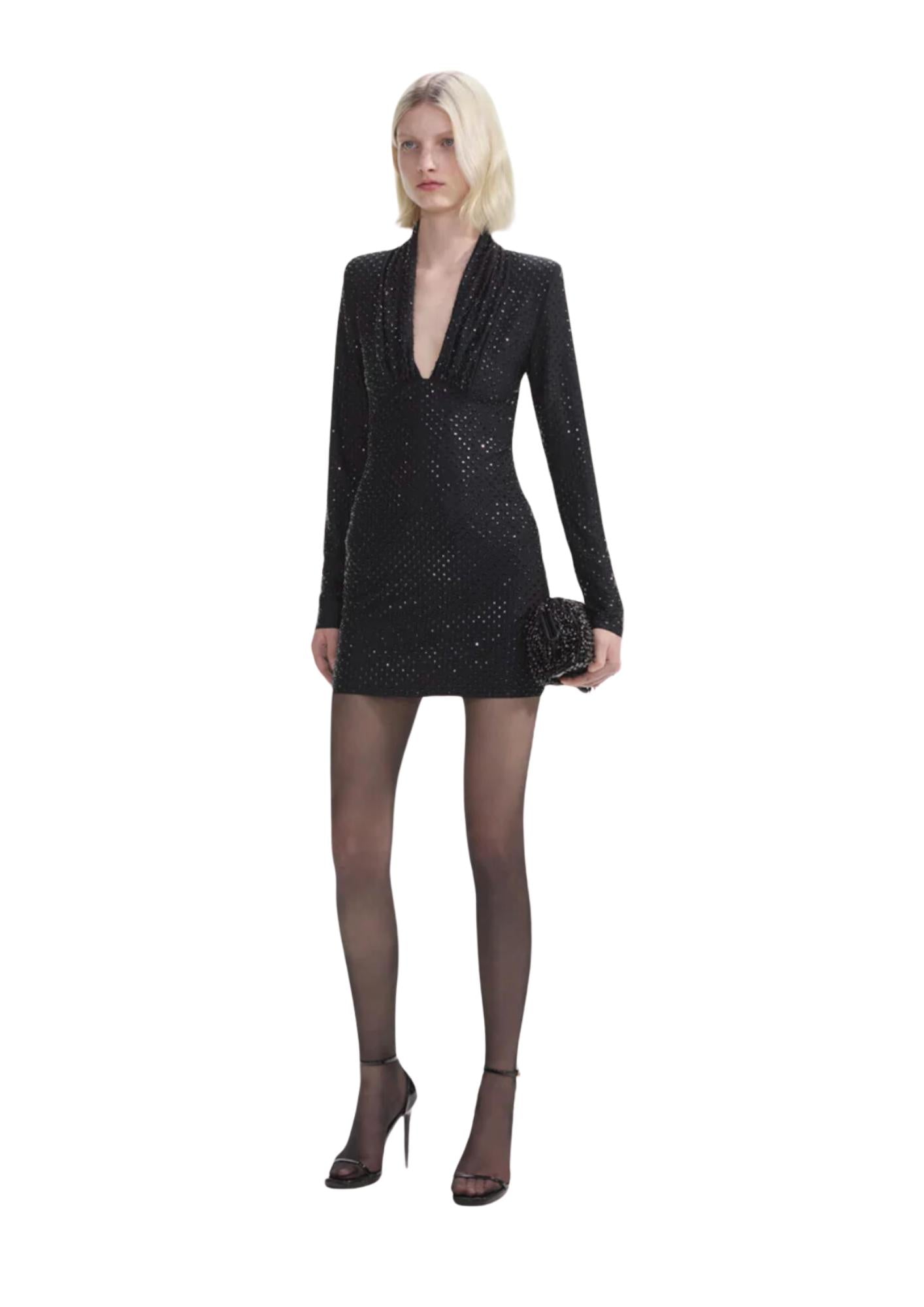SELF-PORTRAIT - Black Jersey Rhinestone Mini Dress