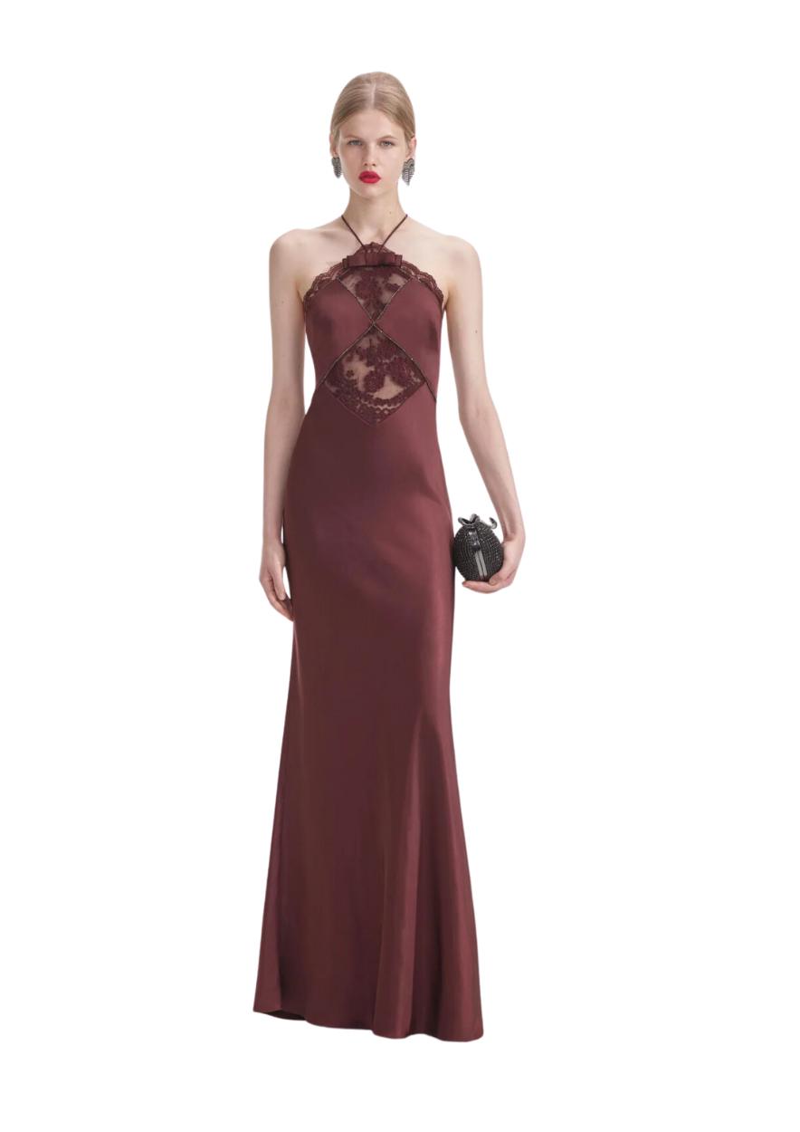 SELF-PORTRAIT - Brown Satin Maxi Dress