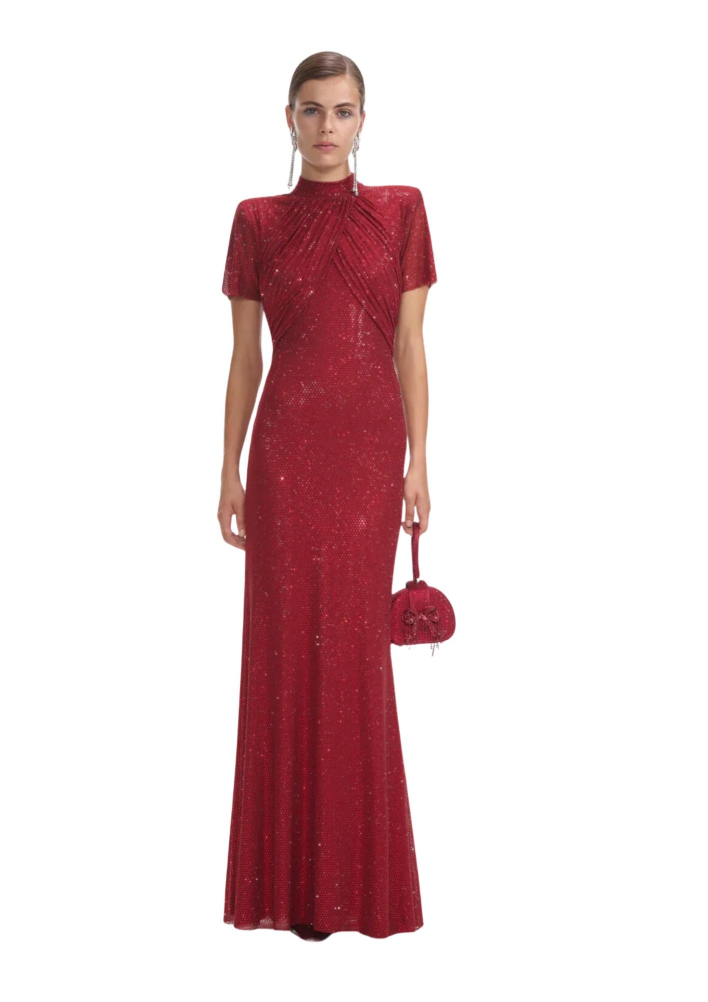 SELF-PORTRAIT - Red Rhinestone Mesh Maxi Dress