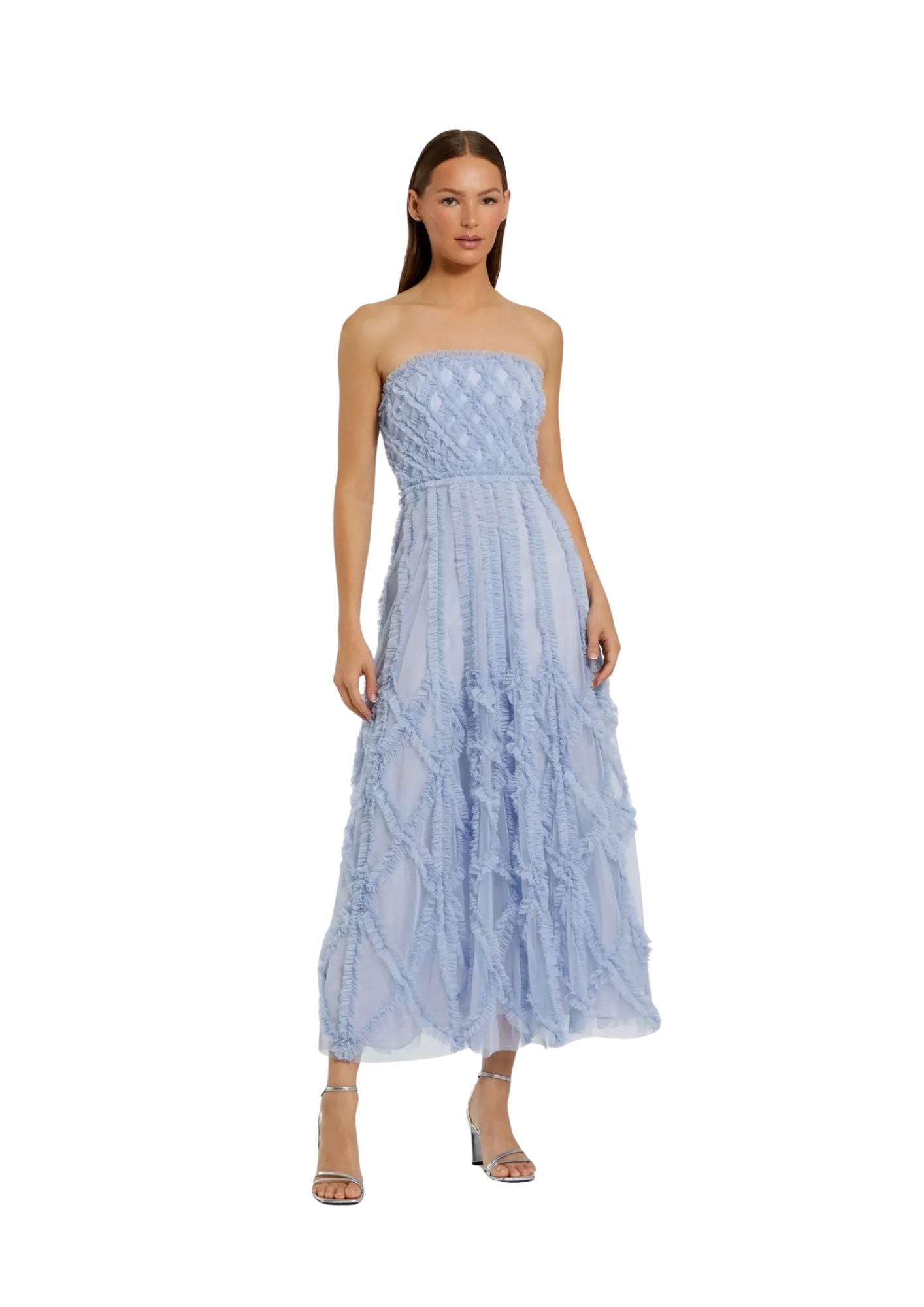 Blue Mesh Ruffle Strapless A-Line Midi Dress