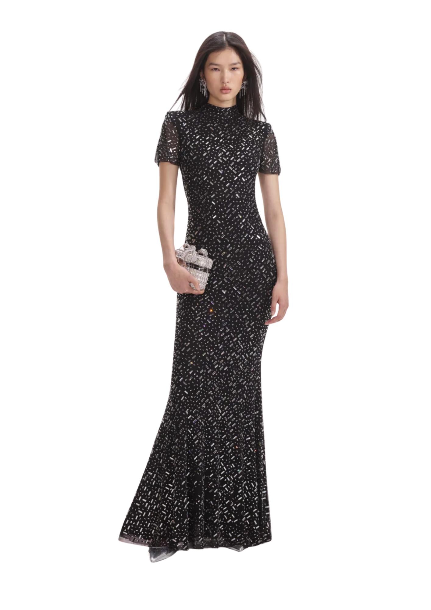 SELF-PORTRAIT - Black Square Rhinestone Mesh Maxi Dress