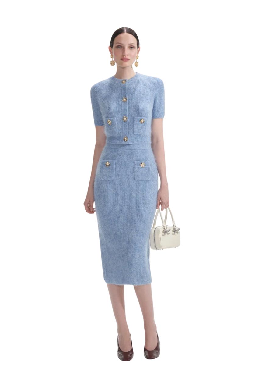 SELF-PORTRAIT - Blue Soft Knit Midi Skirt
