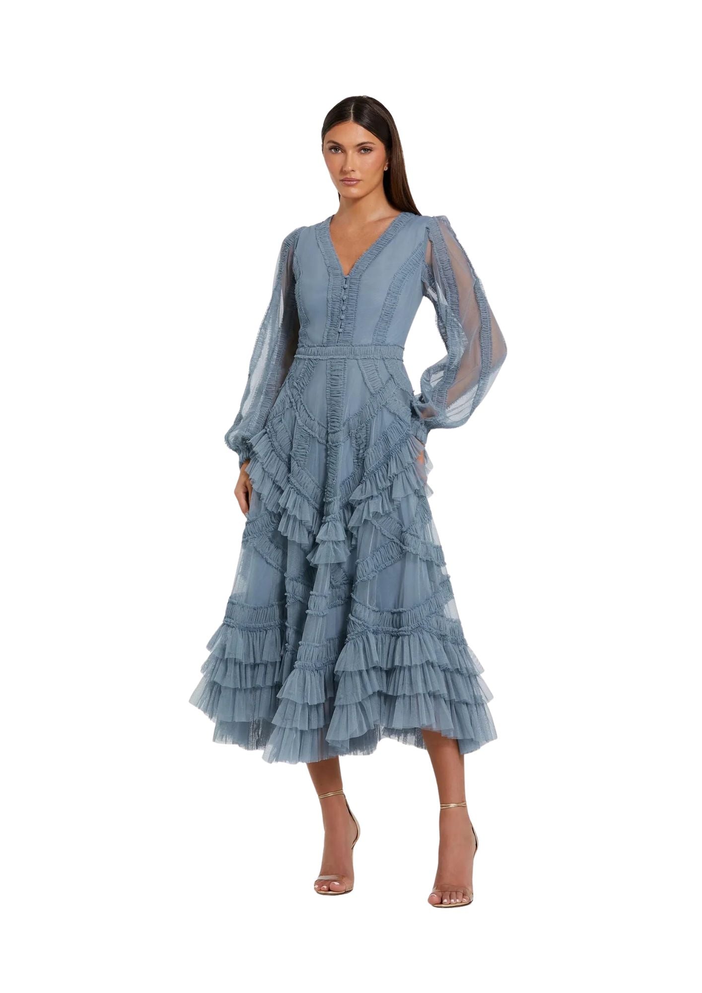 MAC DUGGAL - Blue Long Sleeve V-Neck Micro Ruffle Midi Dress