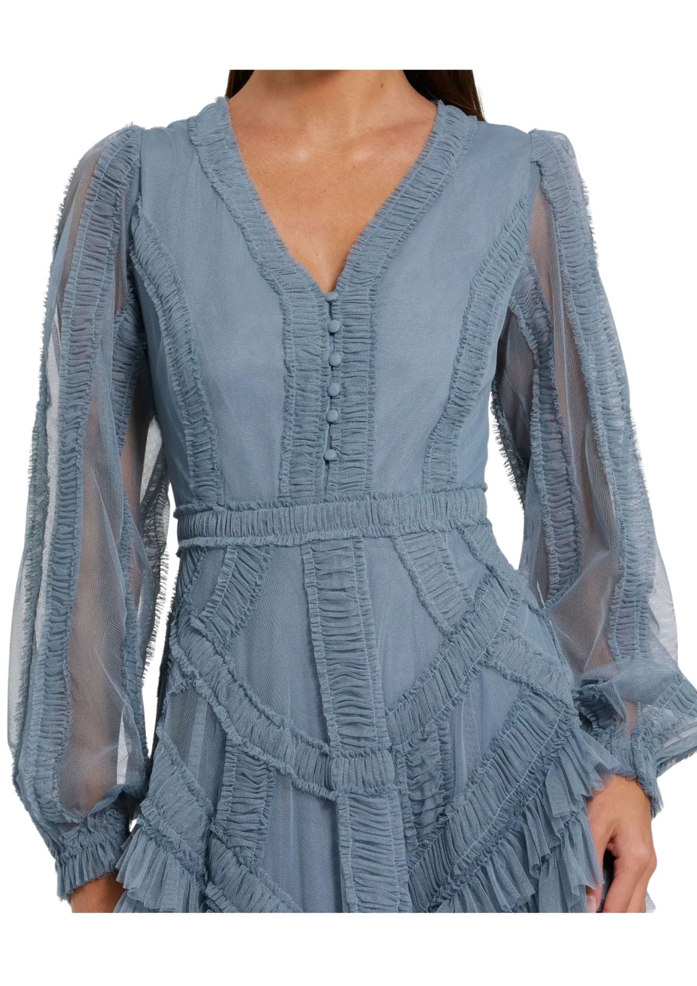 MAC DUGGAL - Blue Long Sleeve V-Neck Micro Ruffle Midi Dress