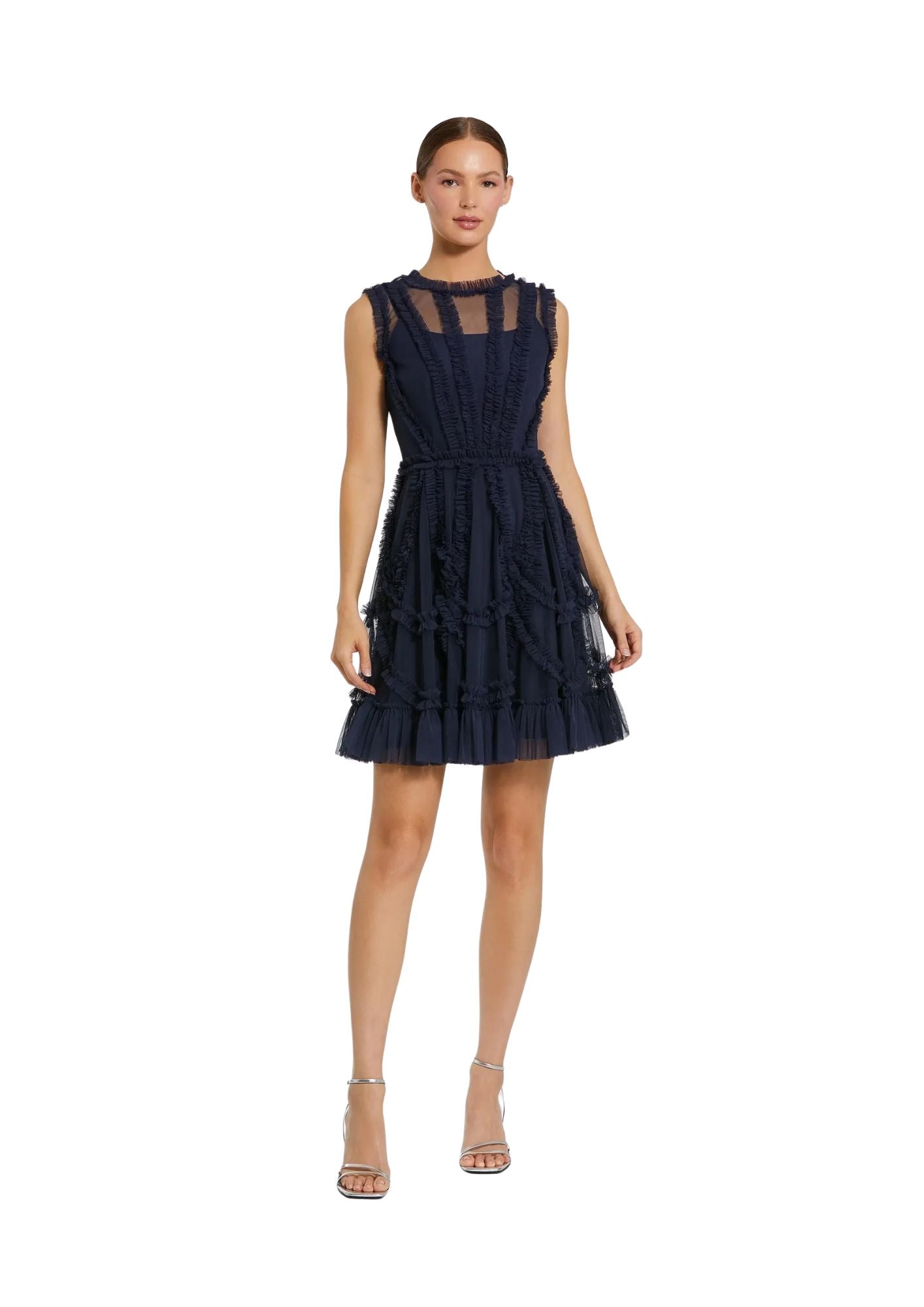 MAC DUGGAL - Navy High Neck Sleeveless Micro Ruffle Mini Dress