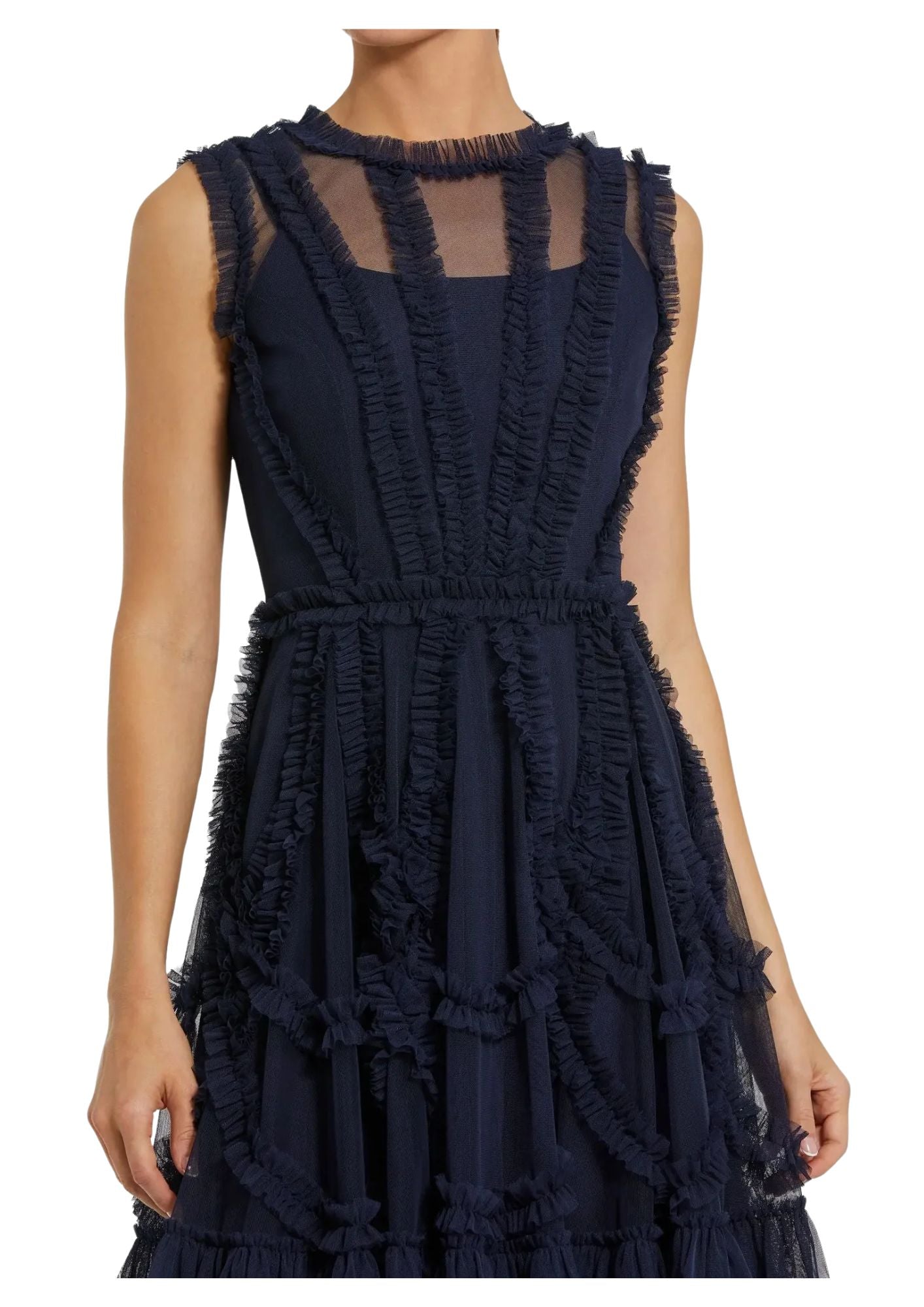 MAC DUGGAL - Navy High Neck Sleeveless Micro Ruffle Mini Dress