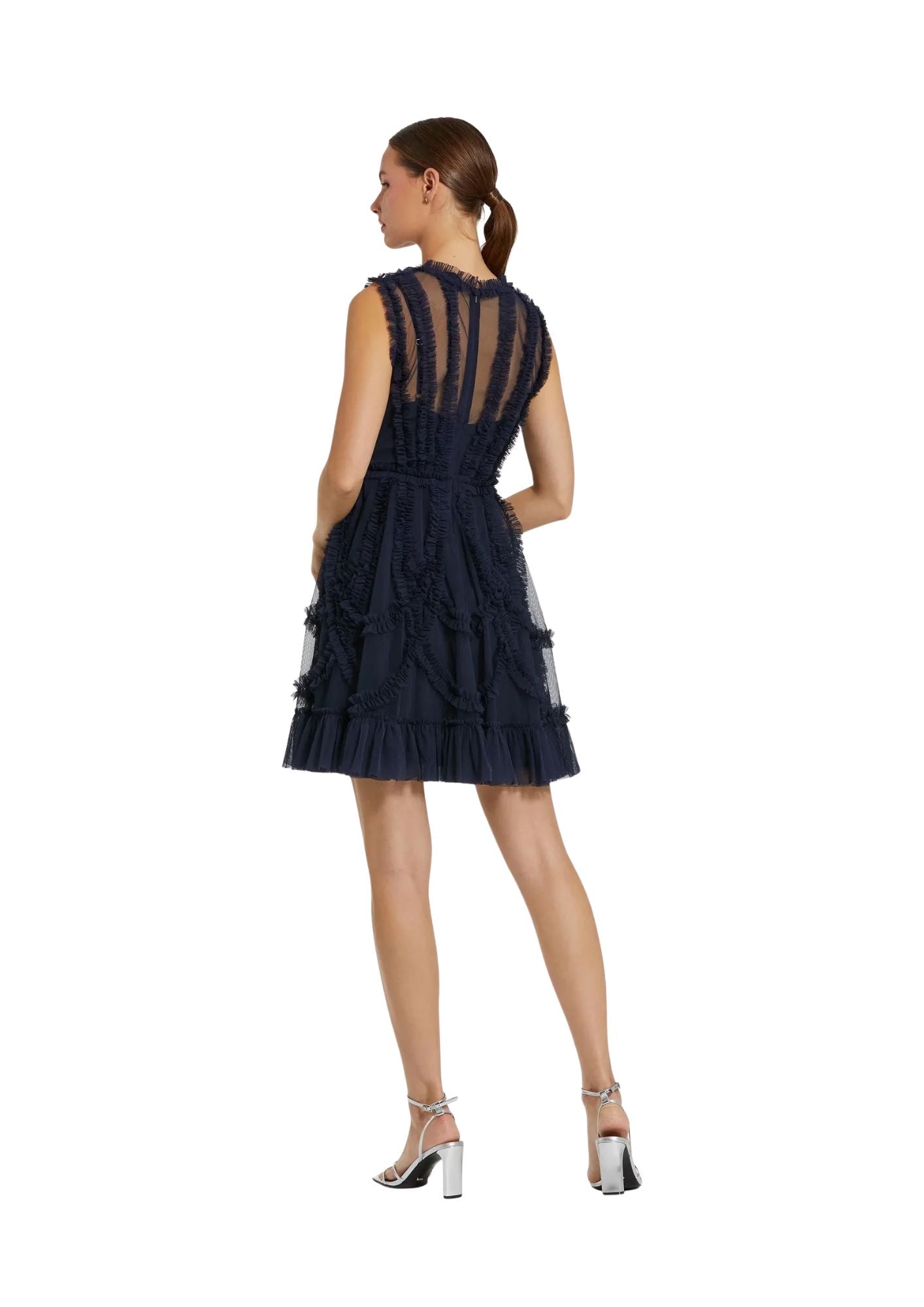 MAC DUGGAL - Navy High Neck Sleeveless Micro Ruffle Mini Dress