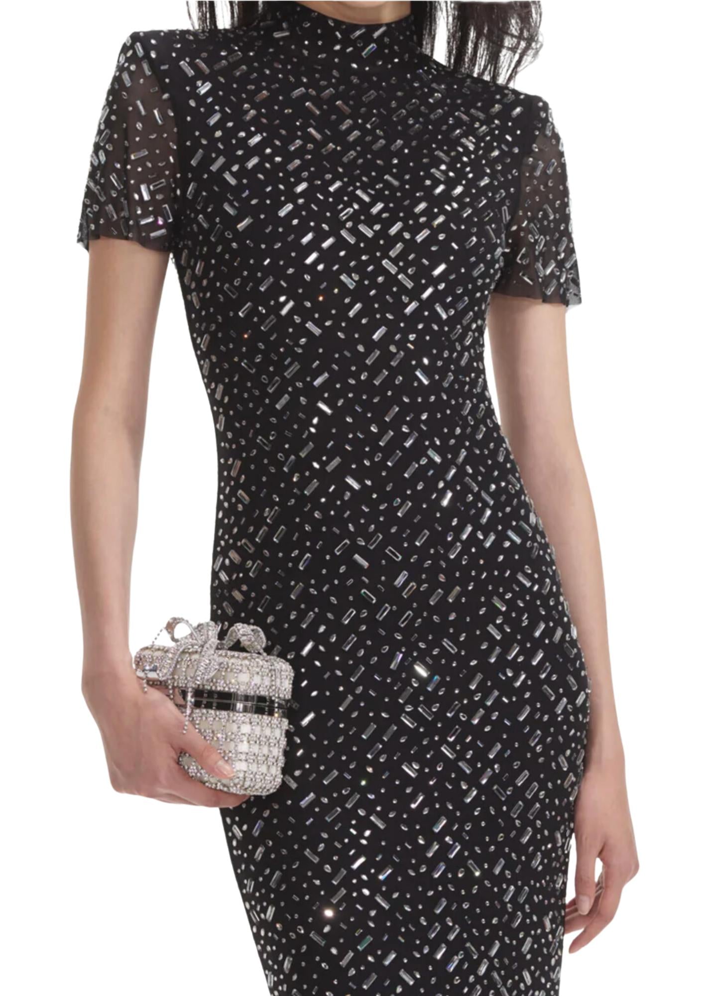 SELF-PORTRAIT - Black Square Rhinestone Mesh Maxi Dress
