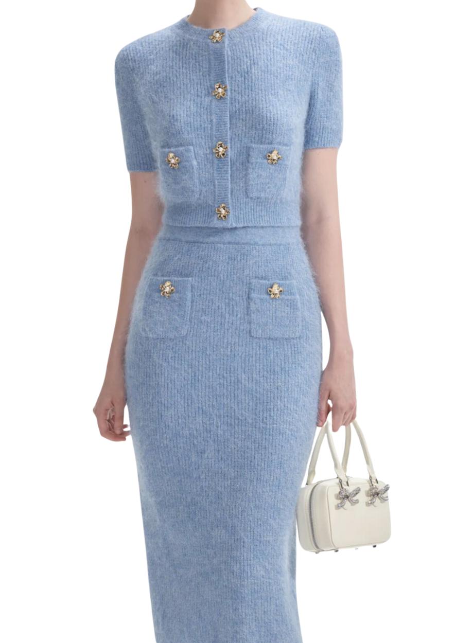 SELF-PORTRAIT - Blue Soft Knit Midi Skirt
