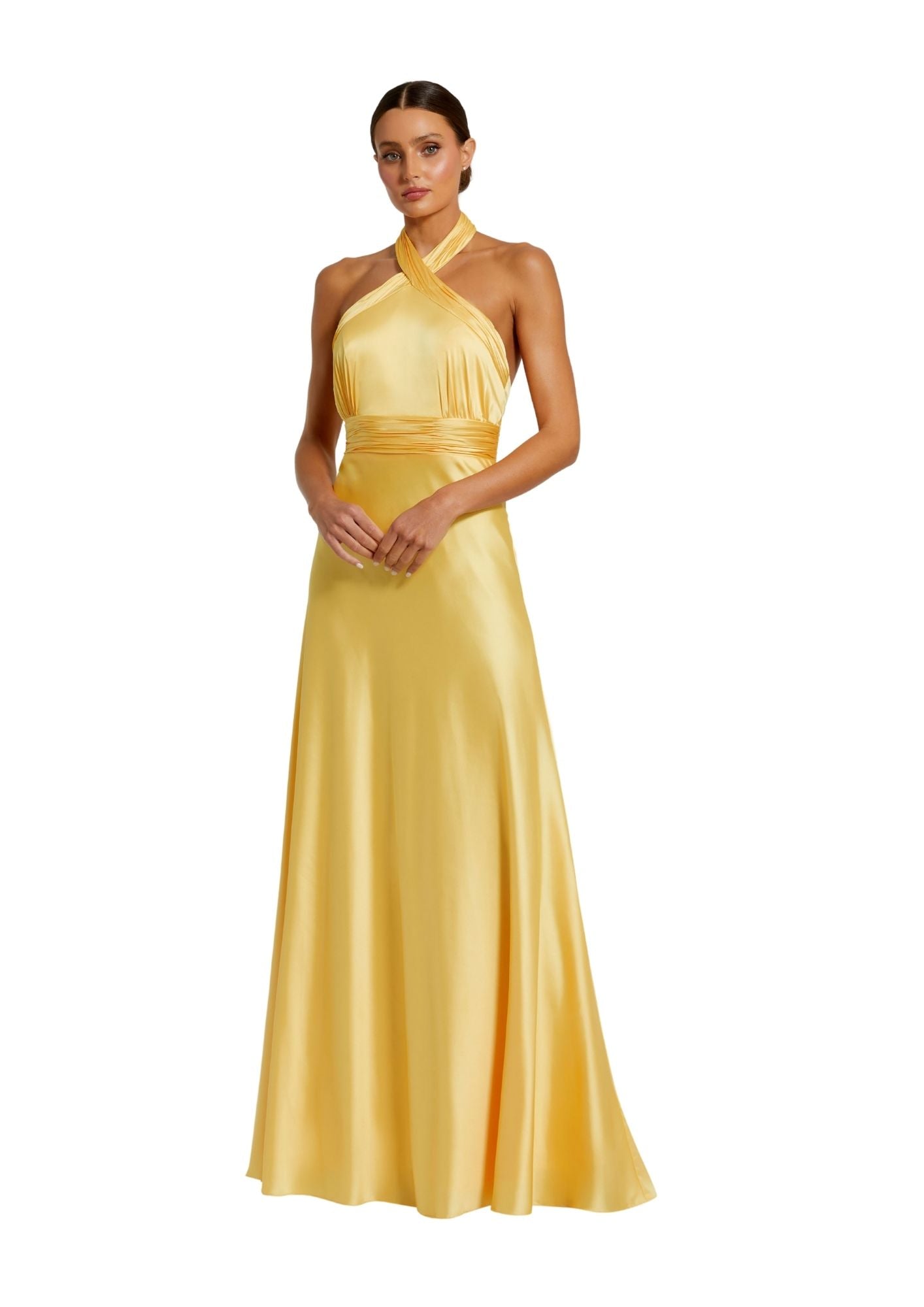 MAC DUGGAL - Yellow Ruched Halter Neck Tie Back Satin Gown
