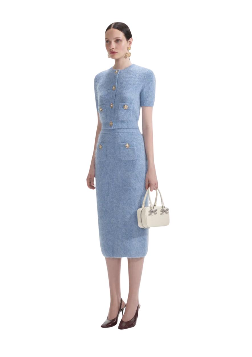 SELF-PORTRAIT - Blue Soft Knit Midi Skirt