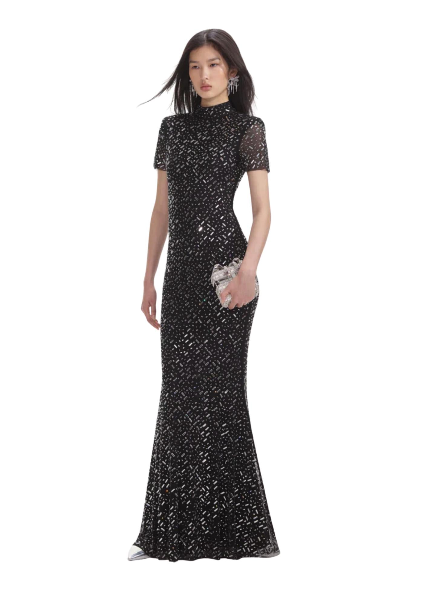 SELF-PORTRAIT - Black Square Rhinestone Mesh Maxi Dress