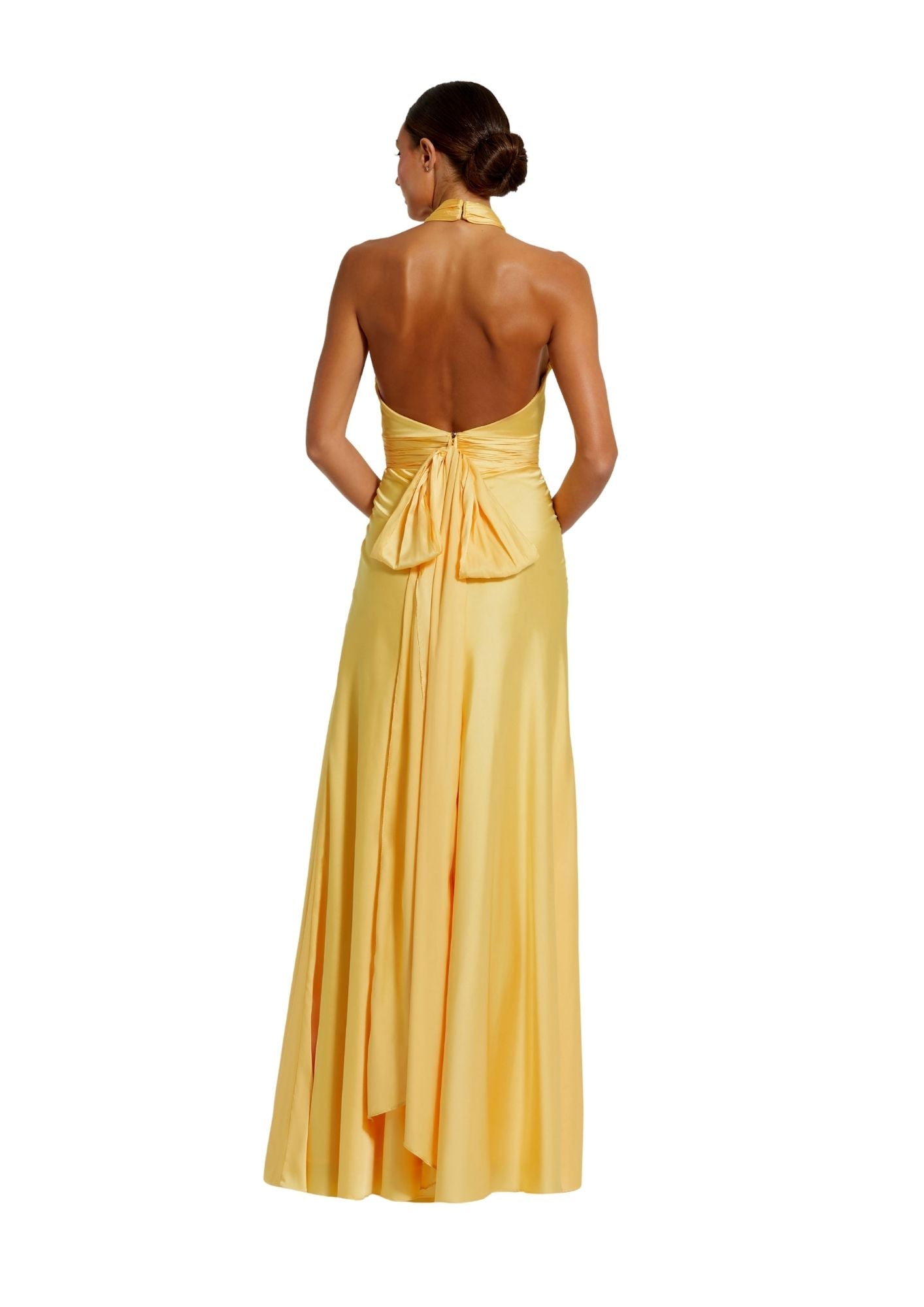 MAC DUGGAL - Yellow Ruched Halter Neck Tie Back Satin Gown