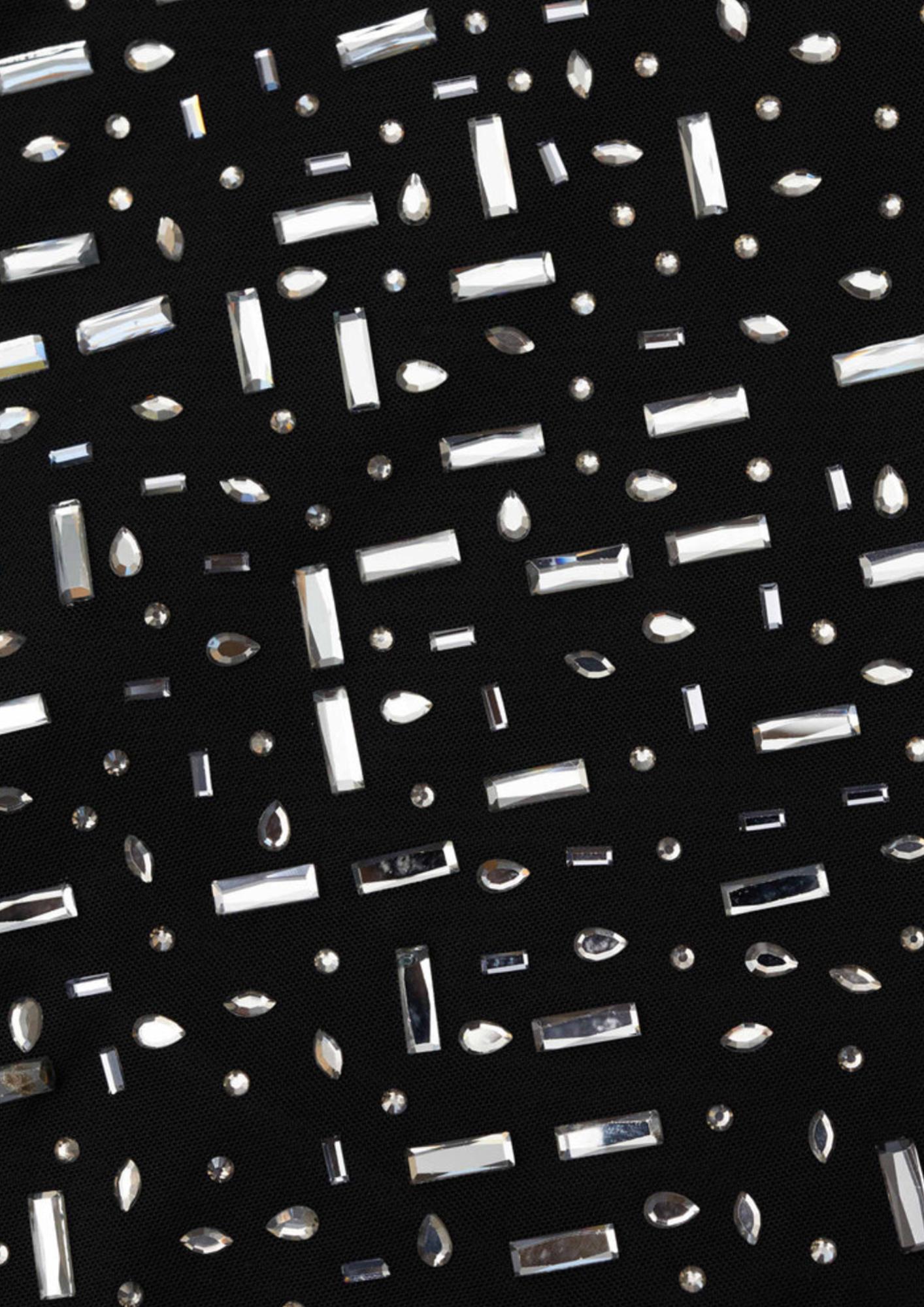 SELF-PORTRAIT - Black Square Rhinestone Mesh Maxi Dress