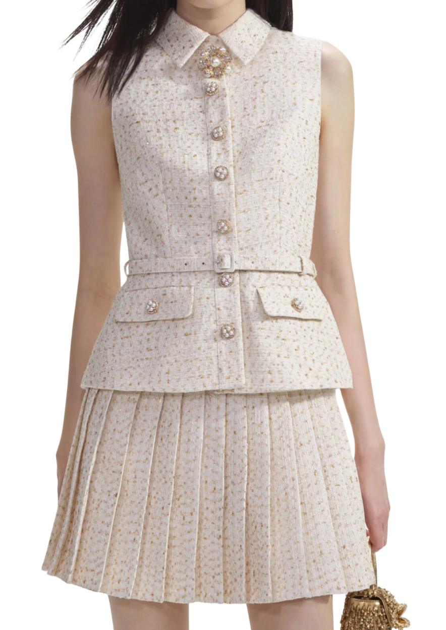 SELF-PORTRAIT - Cream Metallic Boucle Tailored Mini Dress