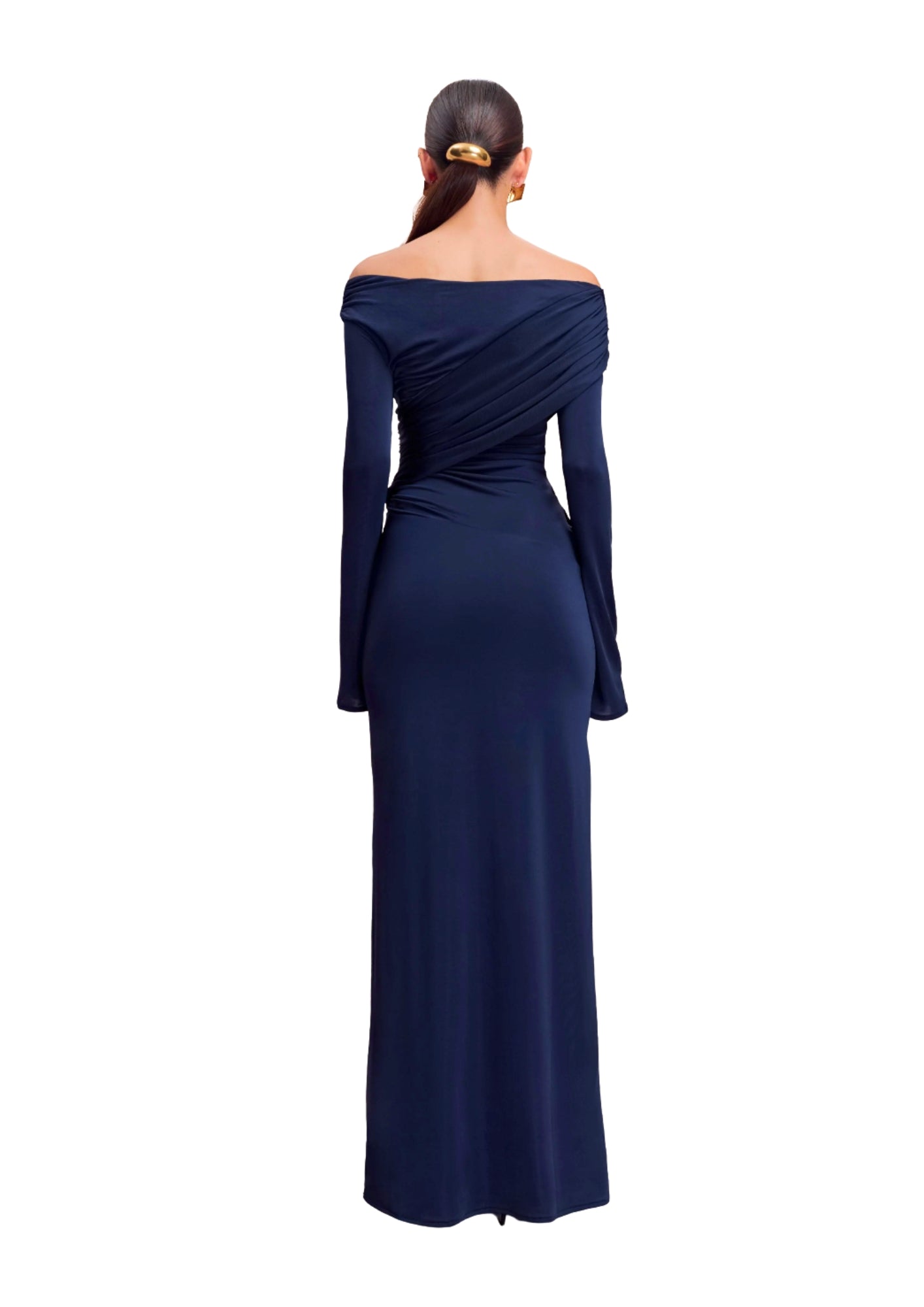 meshki blue dress off shoulder MESHKI - Therese Off Shoulder Ruched Maxi Dress
