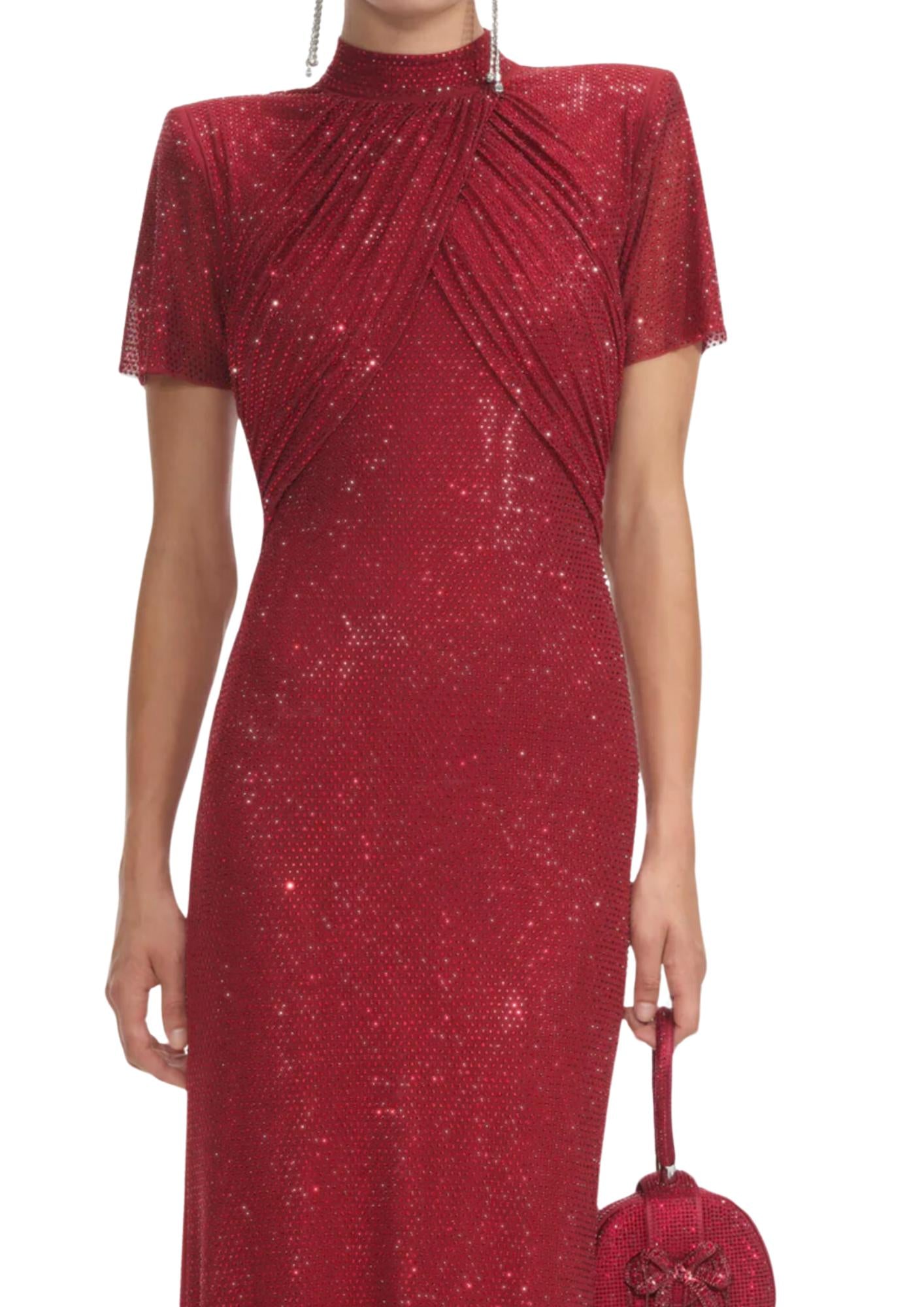 SELF-PORTRAIT - Red Rhinestone Mesh Maxi Dress