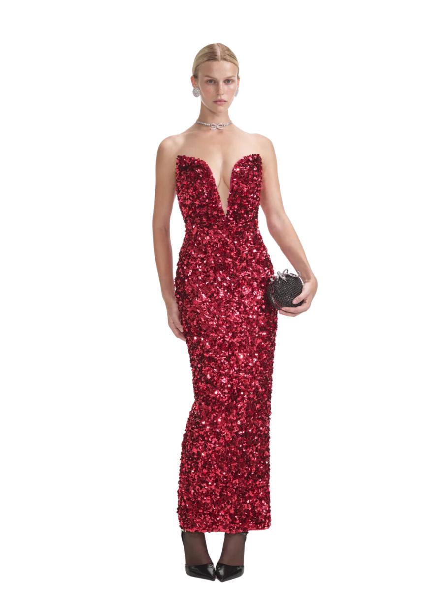 SELF-PORTRAIT - Red 3D Sequin Midi Dress