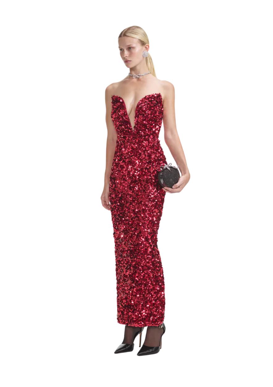 SELF-PORTRAIT - Red 3D Sequin Midi Dress