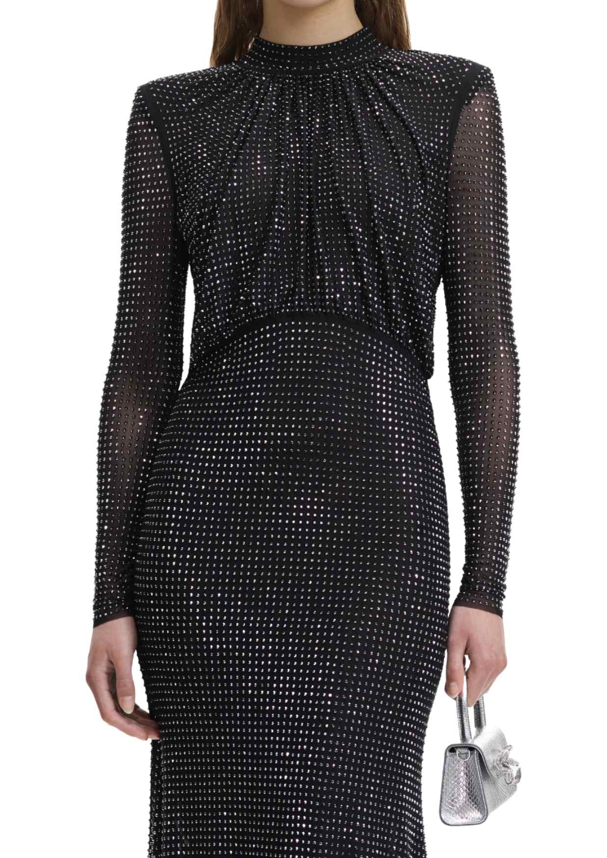 SELF-PORTRAIT - Black Rhinestone Midi Dress