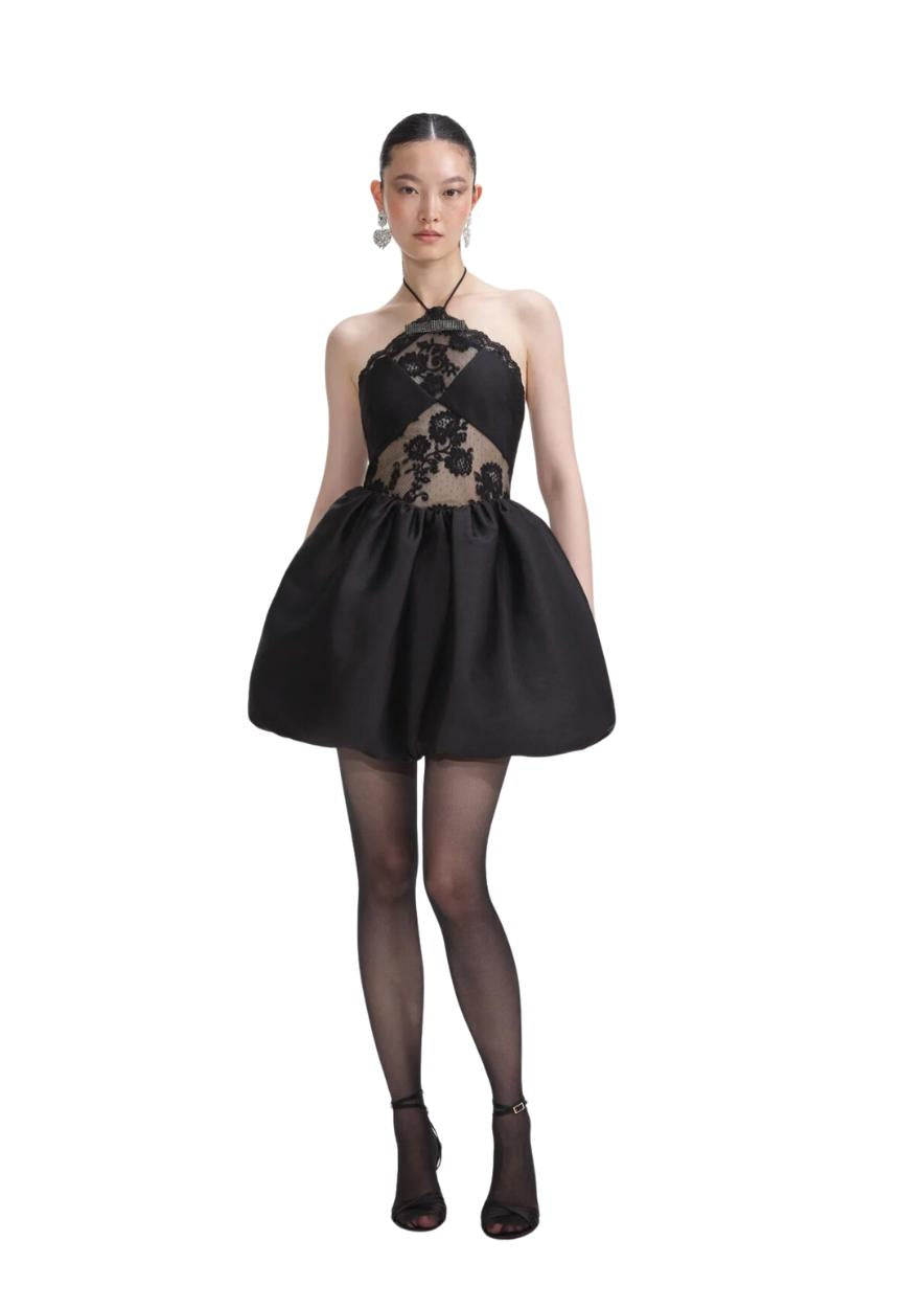 SELF-PORTRAIT - Black Taffeta Halterneck Mini Dress
