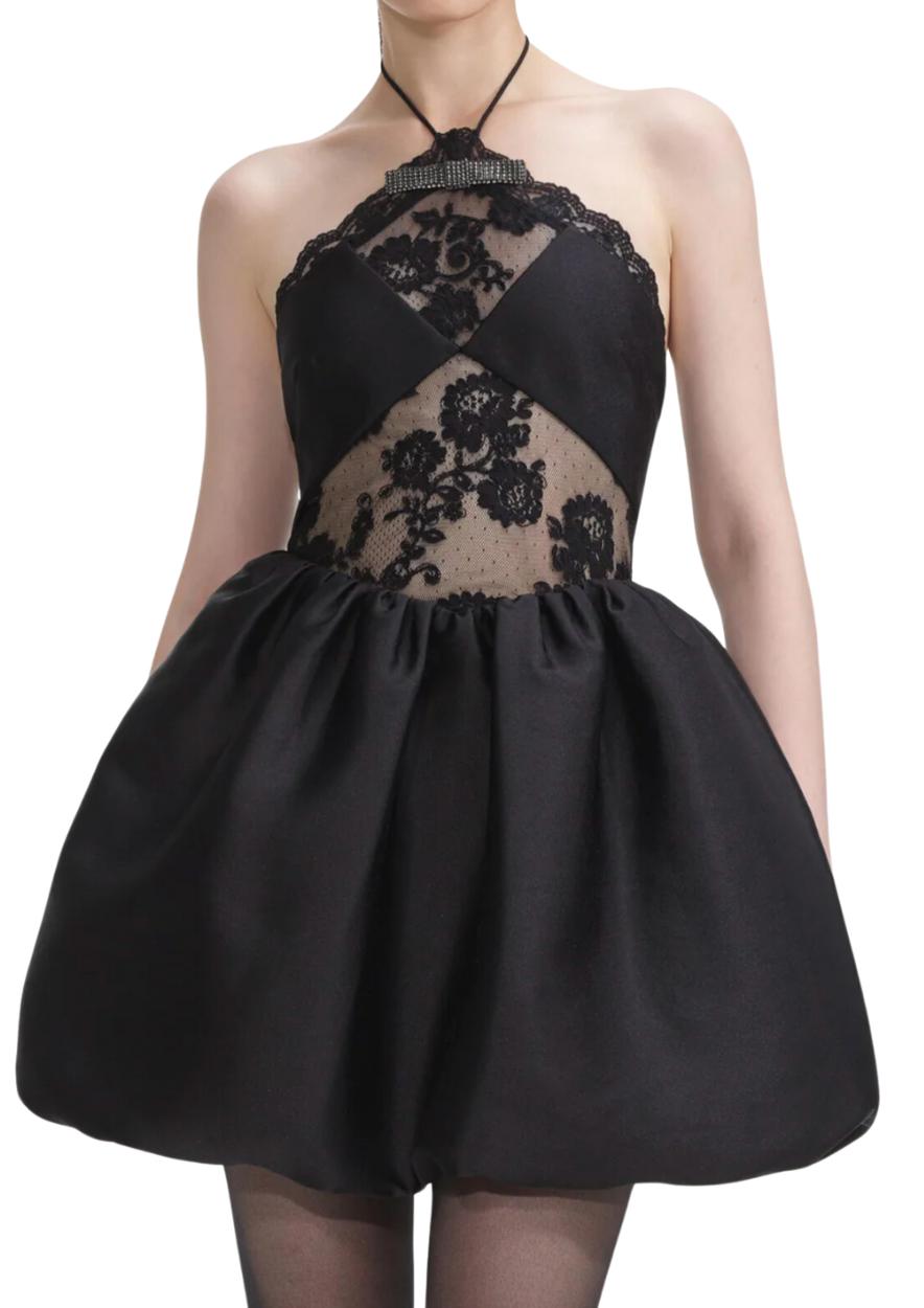 SELF-PORTRAIT - Black Taffeta Halterneck Mini Dress