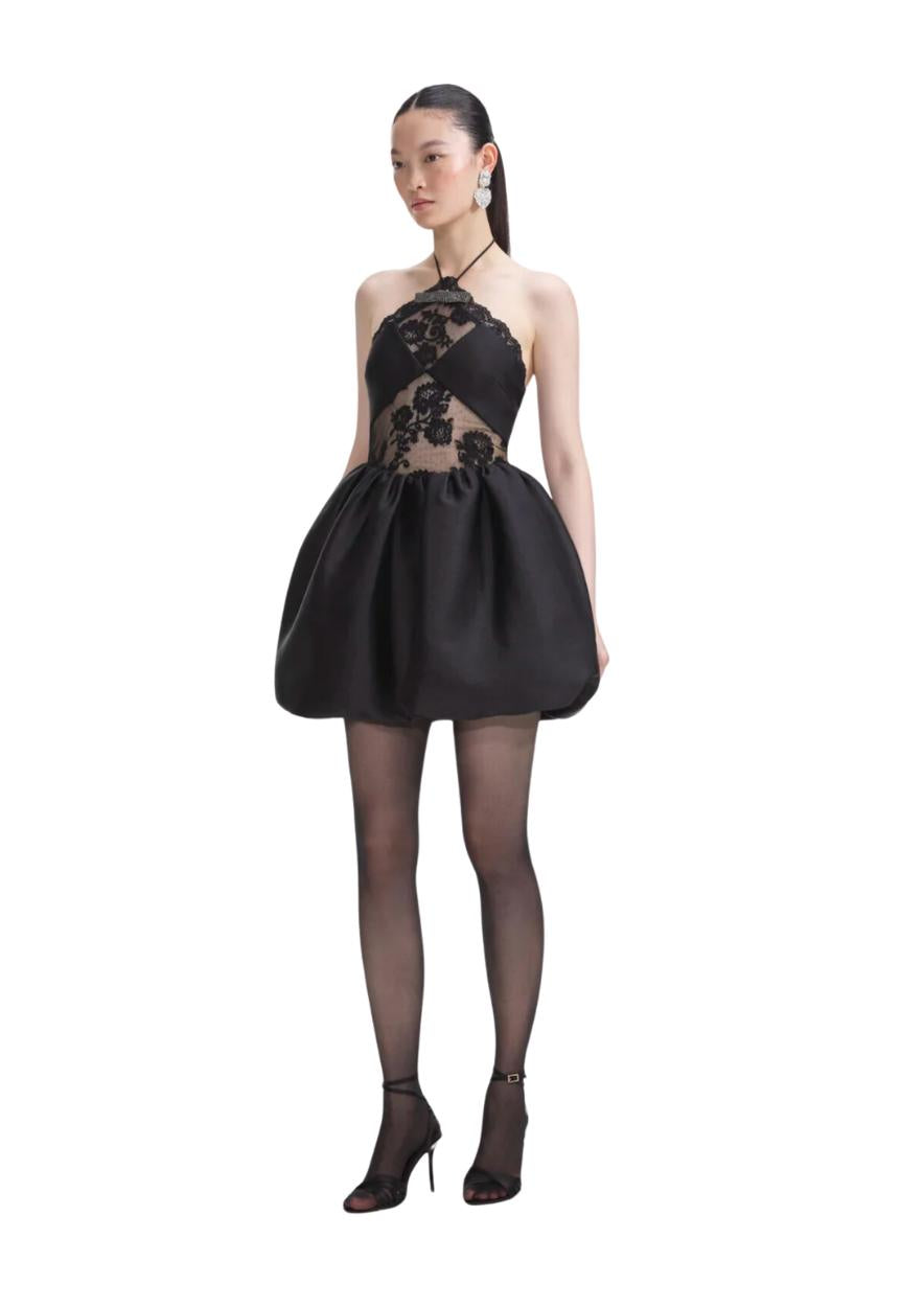 SELF-PORTRAIT - Black Taffeta Halterneck Mini Dress