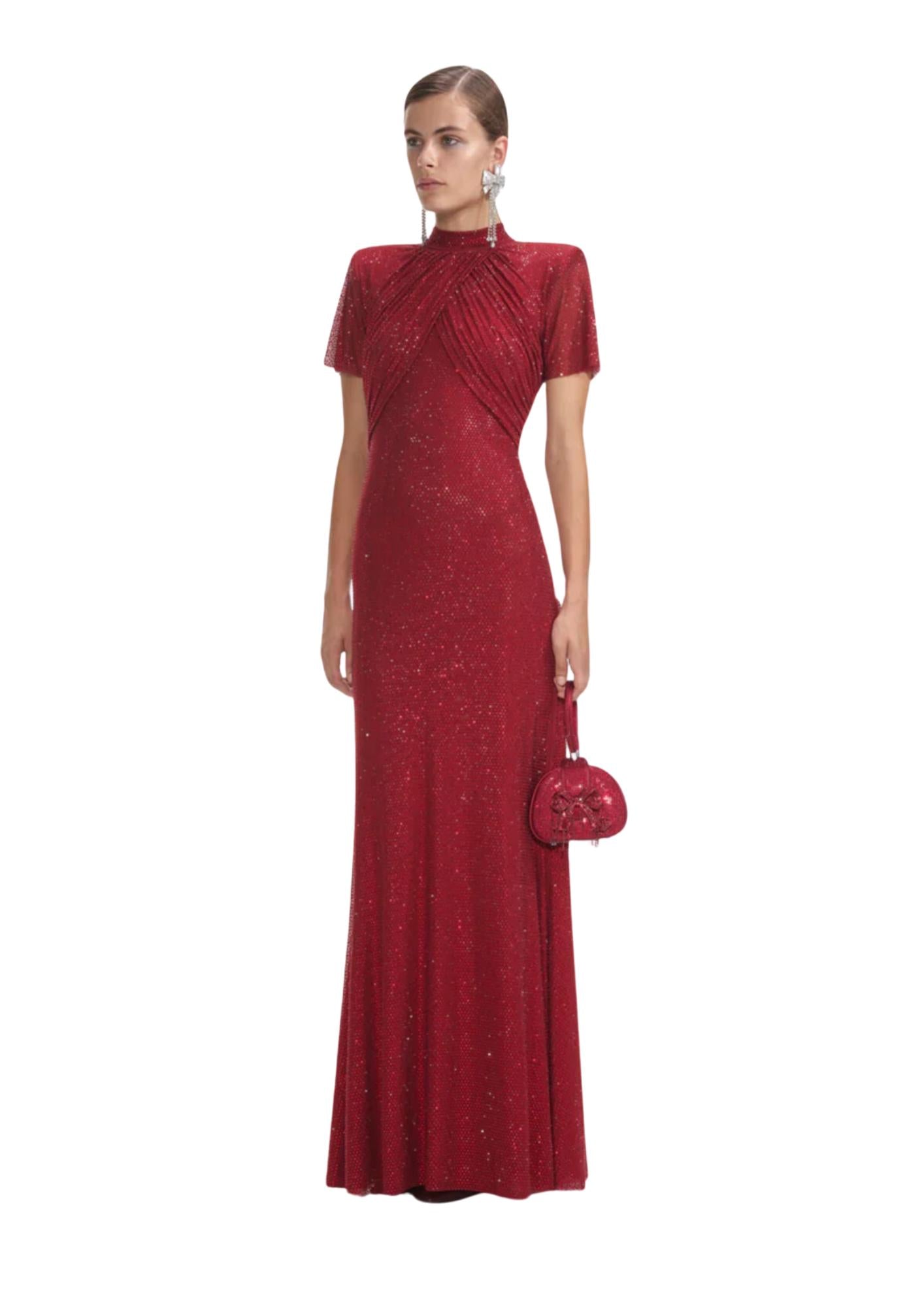 SELF-PORTRAIT - Red Rhinestone Mesh Maxi Dress