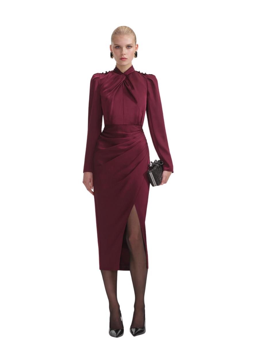 SELF-PORTRAIT - Burgundy Satin Midi Dress