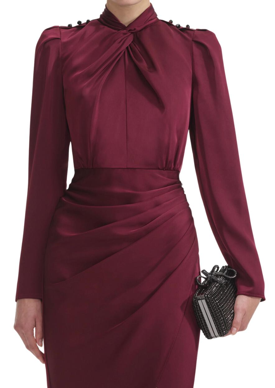 SELF-PORTRAIT - Burgundy Satin Midi Dress