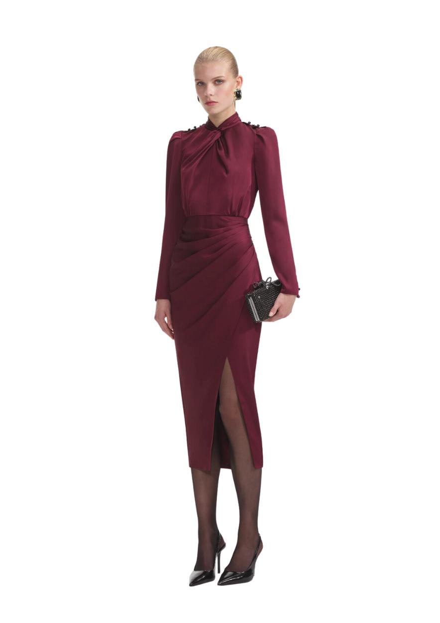 SELF-PORTRAIT - Burgundy Satin Midi Dress