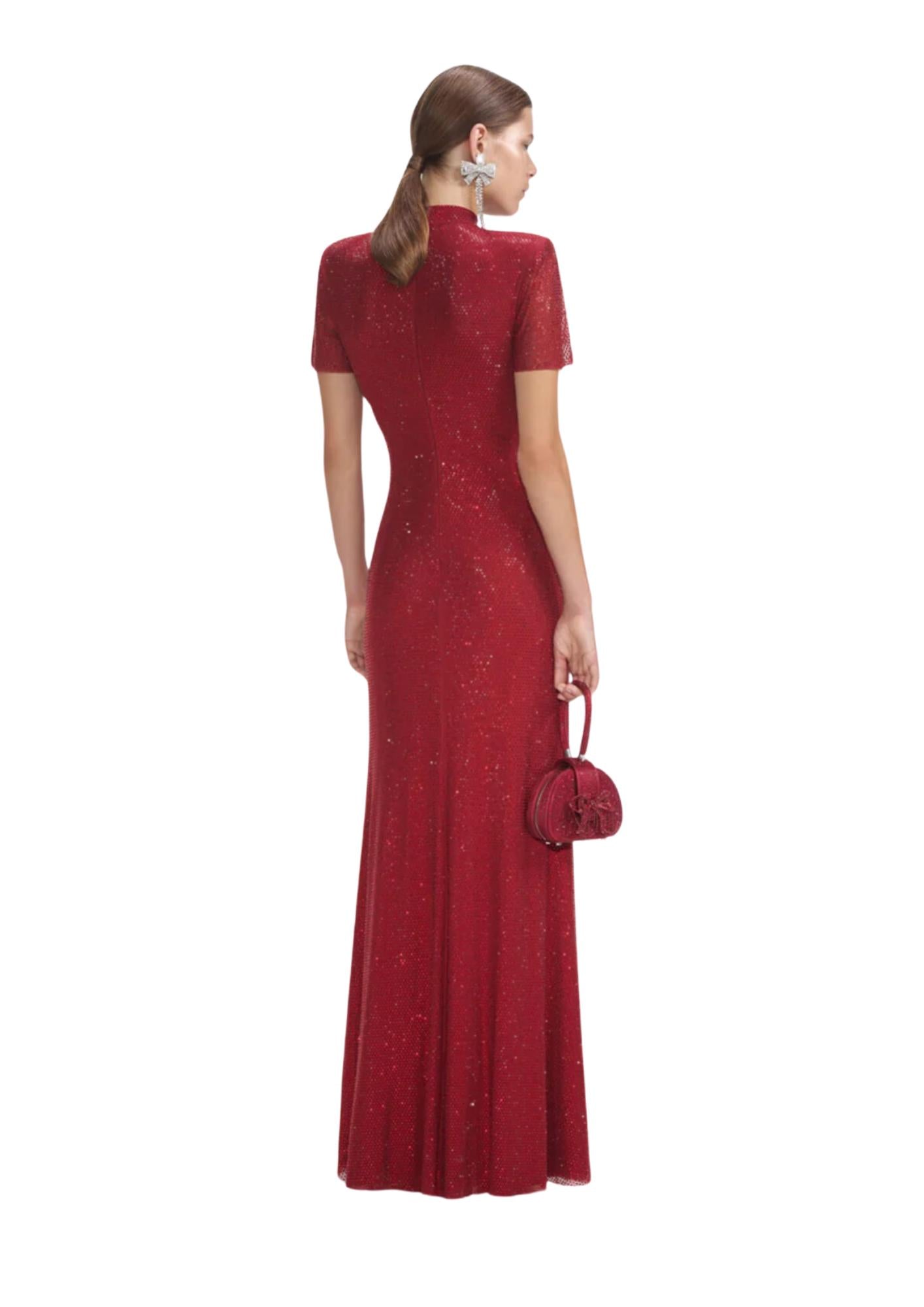 SELF-PORTRAIT - Red Rhinestone Mesh Maxi Dress