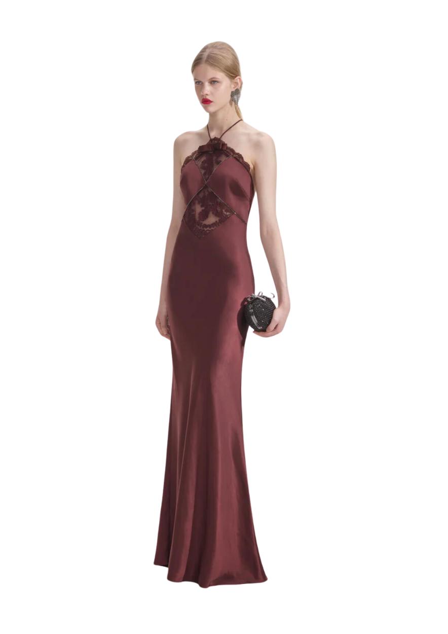 SELF-PORTRAIT - Brown Satin Maxi Dress