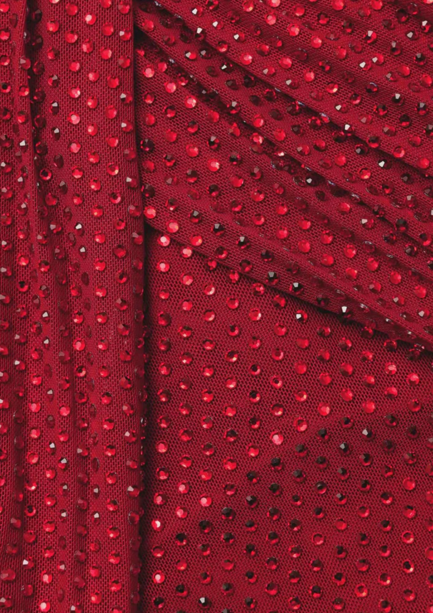 SELF-PORTRAIT - Red Rhinestone Mesh Maxi Dress