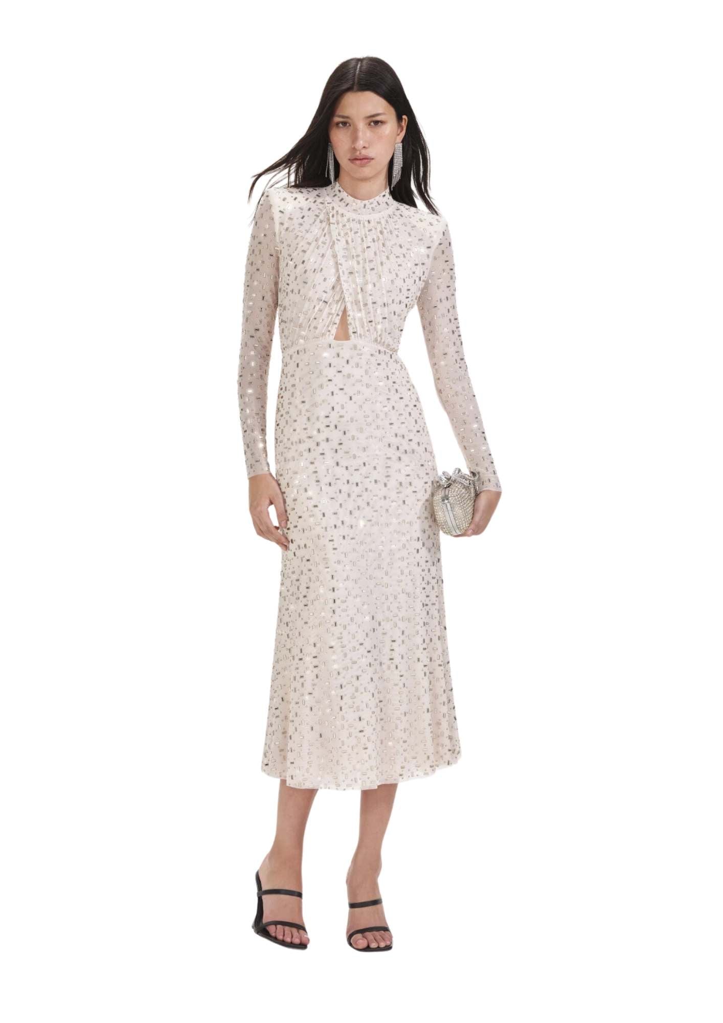 SELF-PORTRAIT - Champagne Rhinestone Mesh Midi Dress