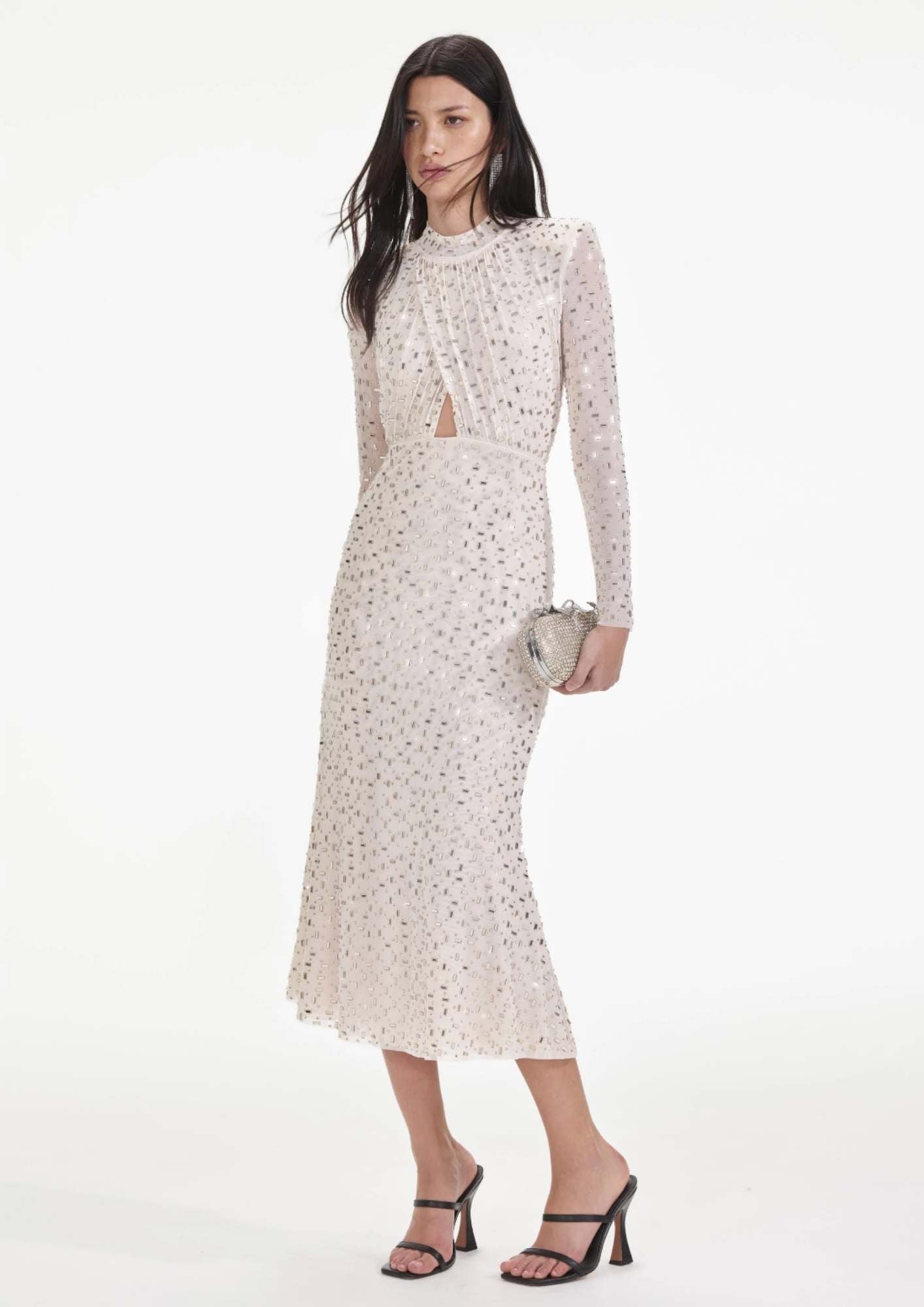 SELF-PORTRAIT - Champagne Rhinestone Mesh Midi Dress