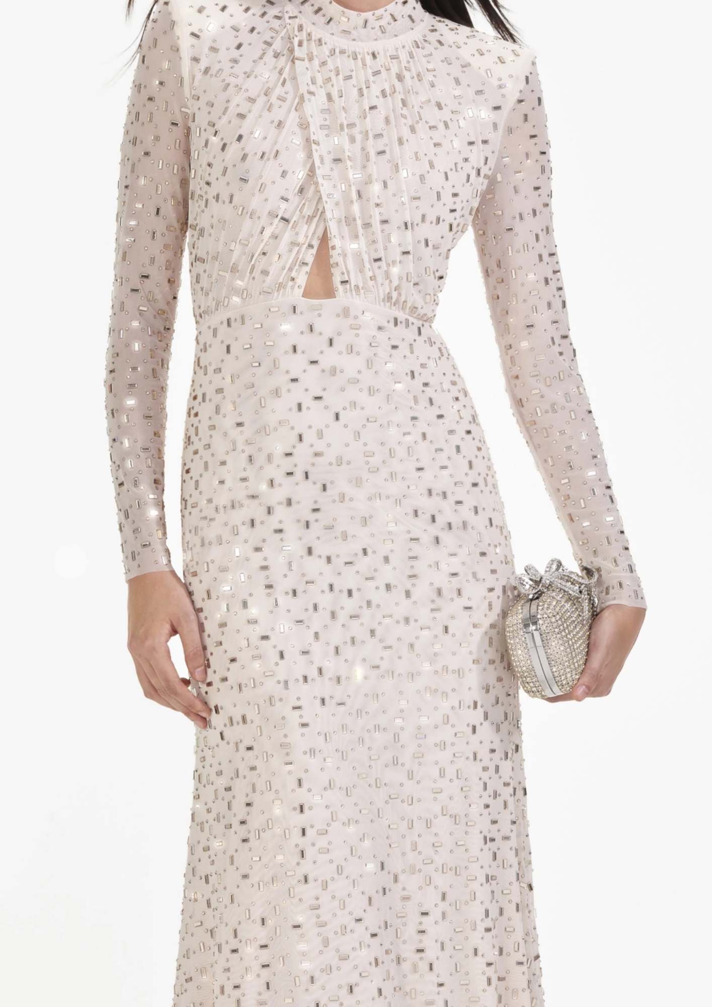 SELF-PORTRAIT - Champagne Rhinestone Mesh Midi Dress