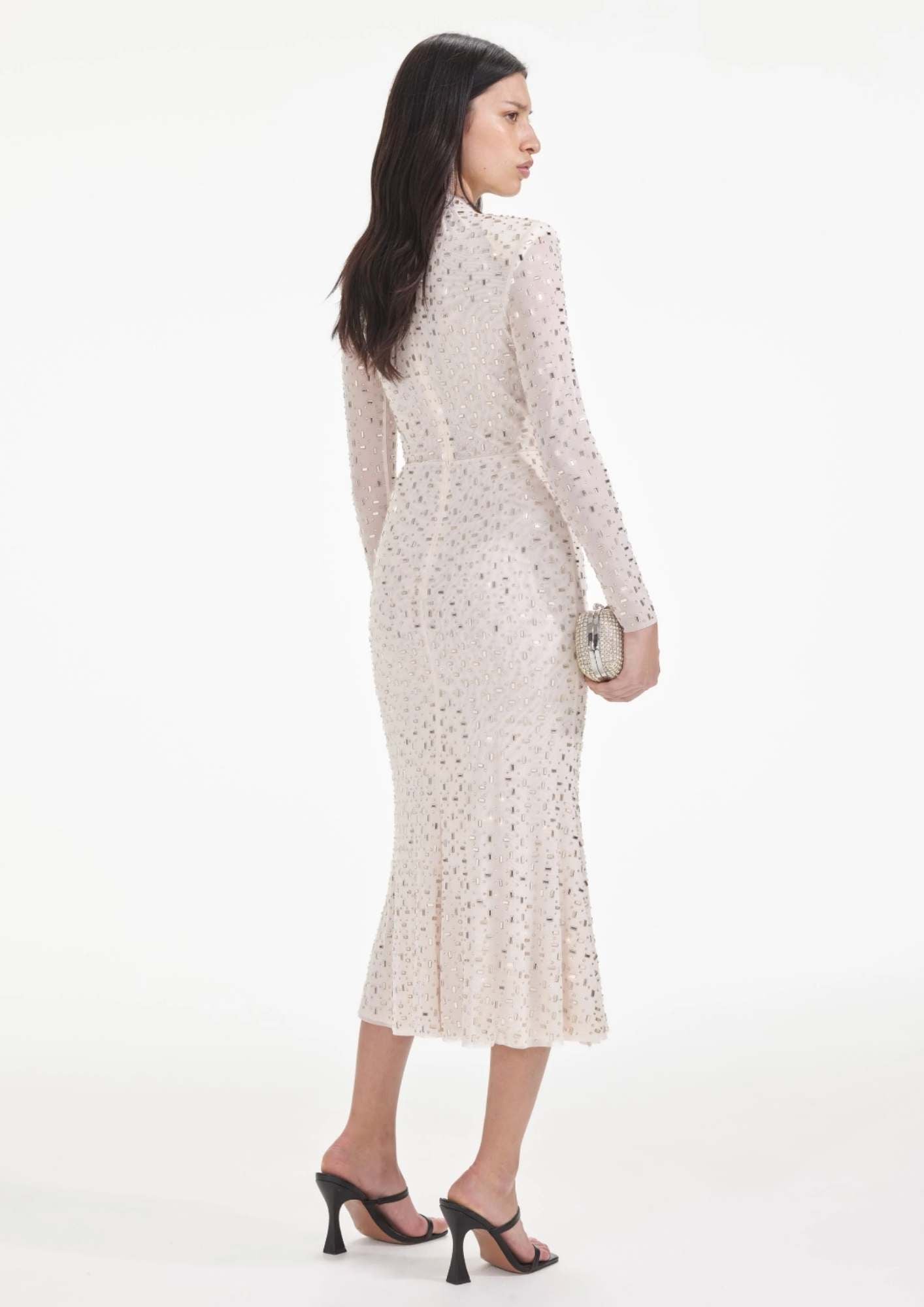 SELF-PORTRAIT - Champagne Rhinestone Mesh Midi Dress