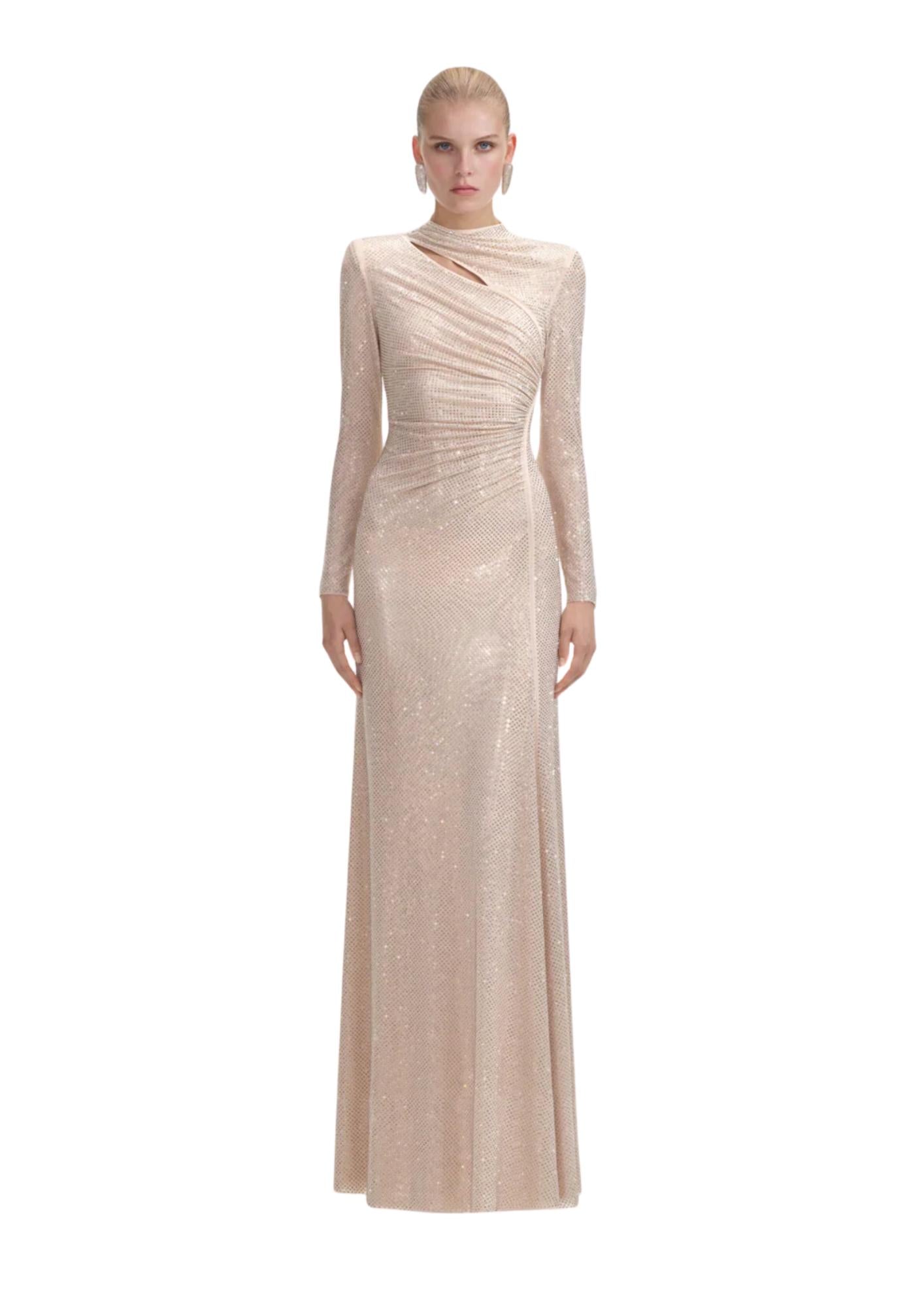 SELF-PORTRAIT - Gold Rhinestone Mesh Cut Out Maxi Dress