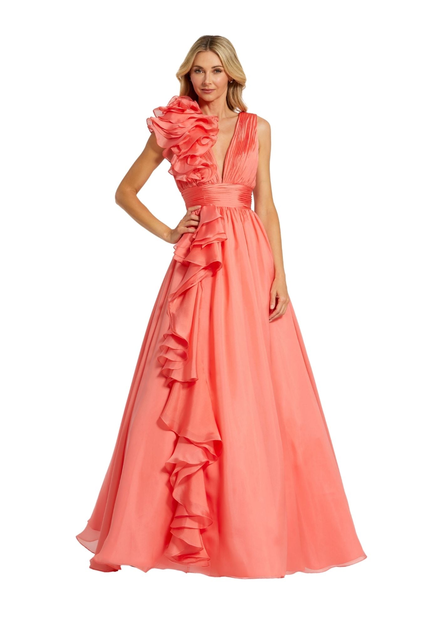 MAC DUGGAL - Coral Ruffle Shoulder Chiffon Gown