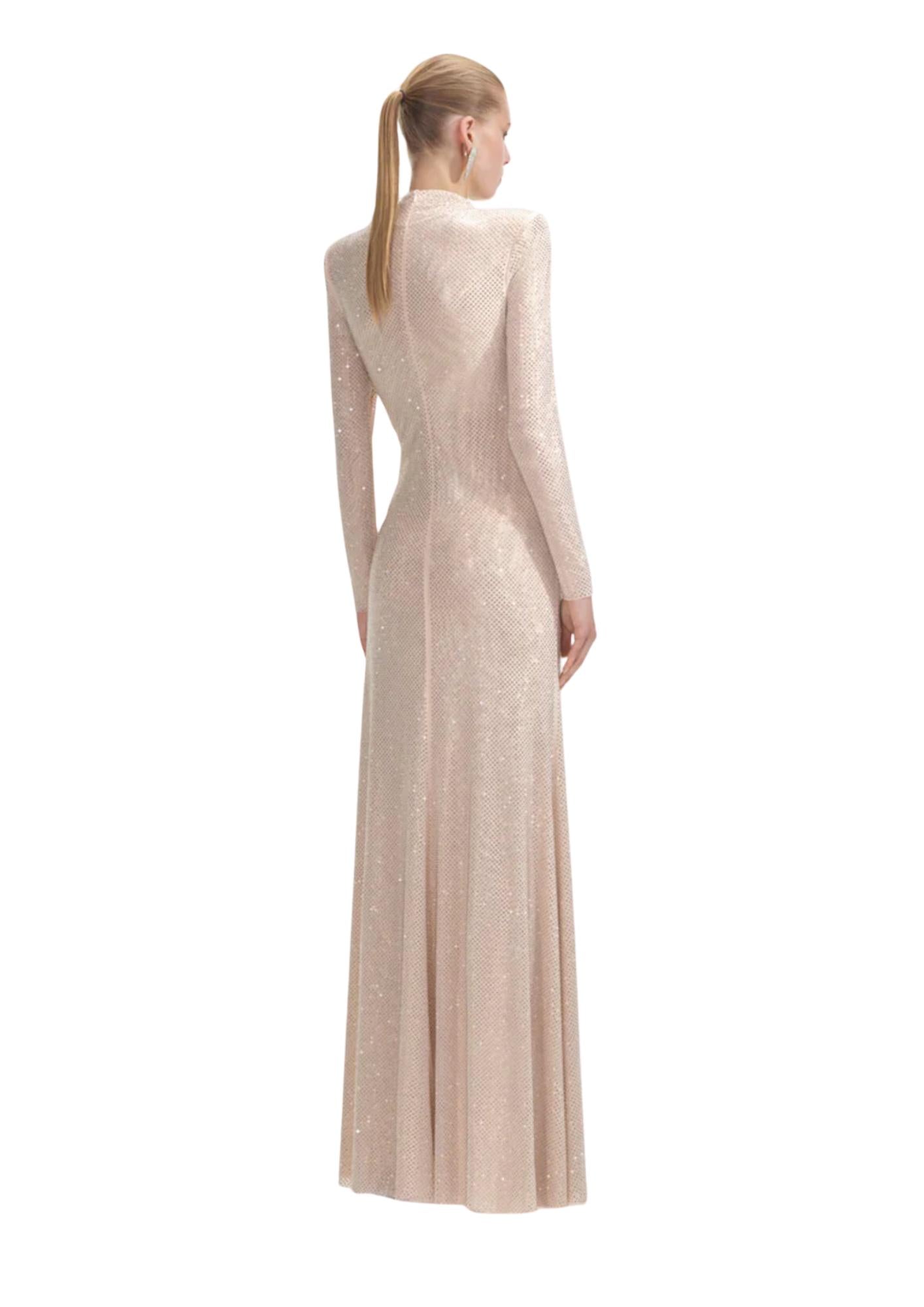 SELF-PORTRAIT - Gold Rhinestone Mesh Cut Out Maxi Dress