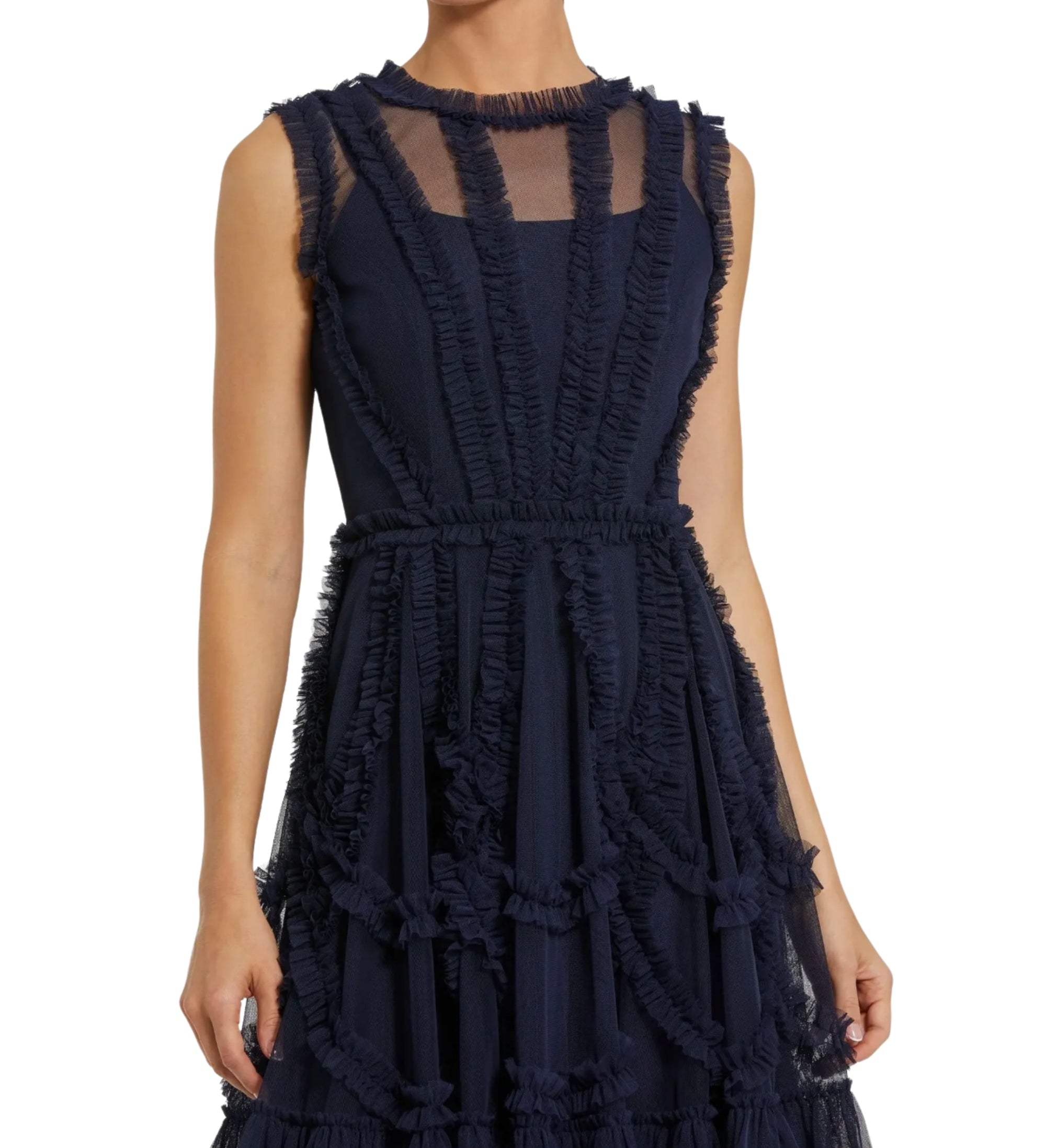 Navy High Neck Sleeveless Micro Ruffle Mini Dress