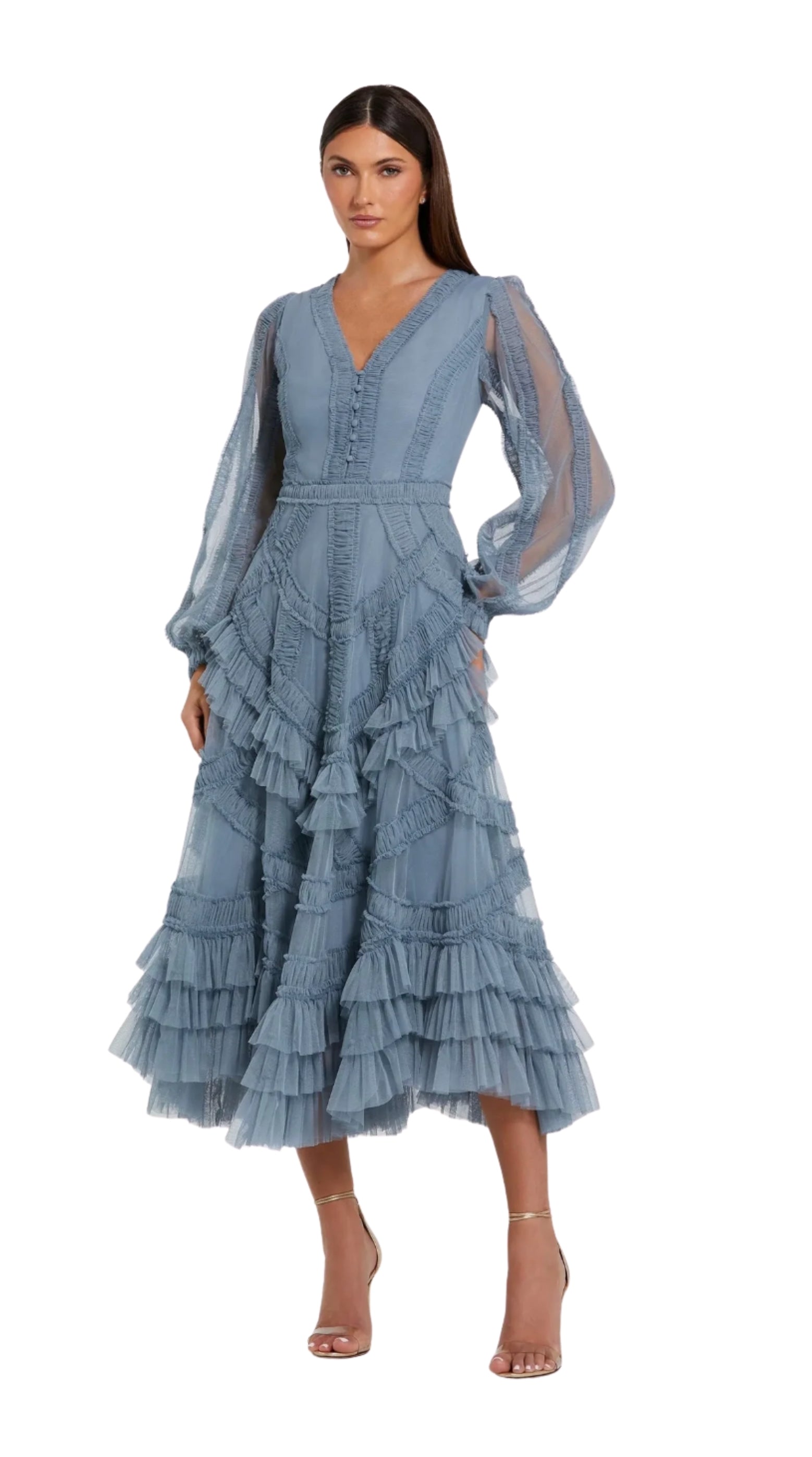 Blue Long Sleeve V-Neck Micro Ruffle Midi Dress
